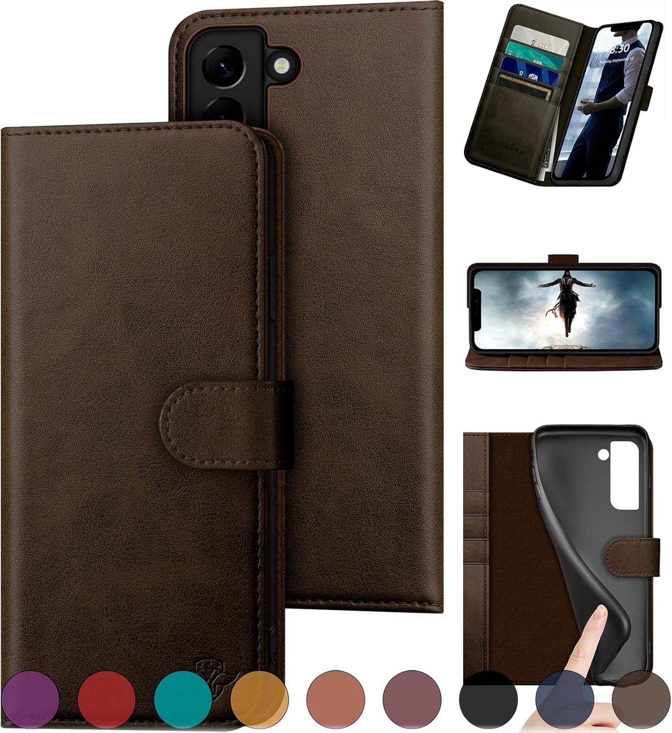 For Samsung Galaxy S22 Genuine Leather Wallet Case 【RFID Blocking】【4 Credit Card Holder】【Real Leather】 Flip Folio Book Phone Case Protective Cover Women Men for S22 Case Purple