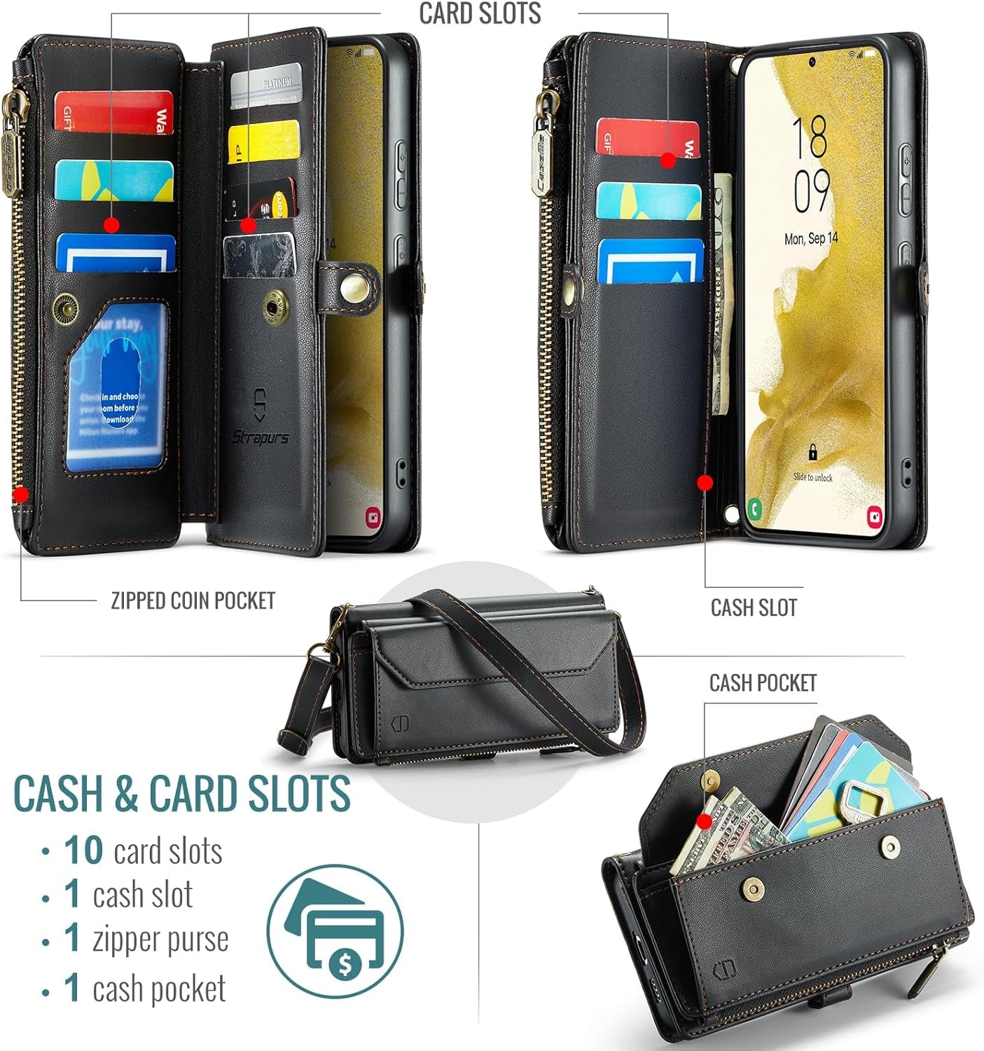 Crossbody for Samsung Galaxy S22 plus Case Wallet【Rfid Blocking】 with 10-Card Holder Zipper Bills Slot, PU Leather Magnetic Shoulder Strap for Galaxy S22 plus 5G Phone Case for Women,Black