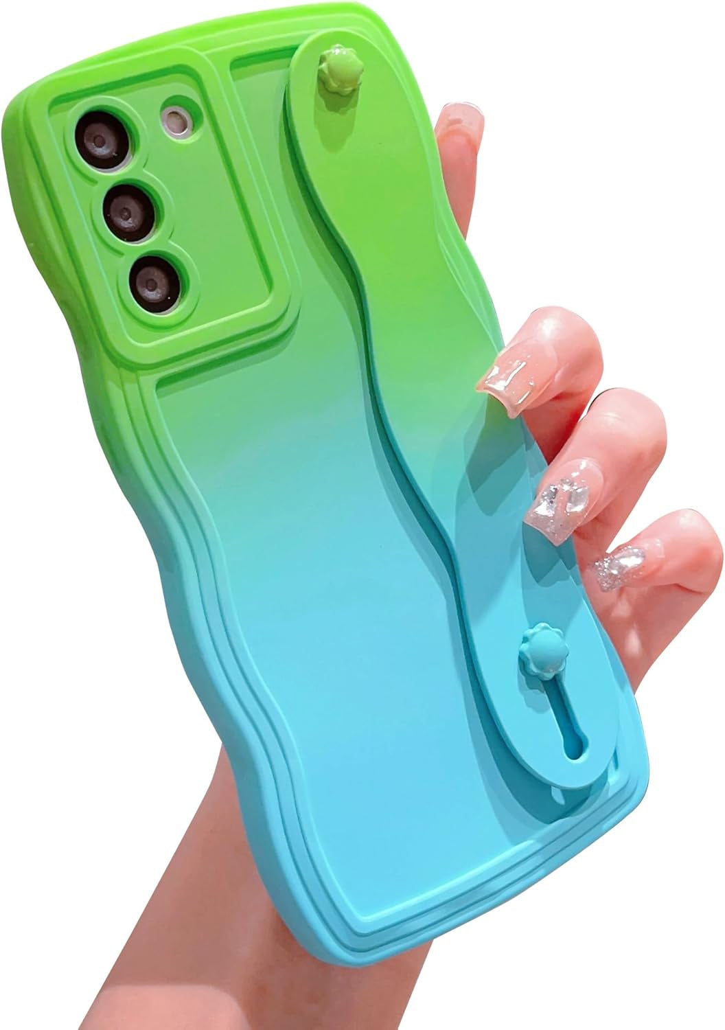 For Samsung Galaxy S22 plus Case with Wrist Strap Stand, Gradient Color Cute Wavy Curly Camera Lens Cover Soft Silicone Samsung S22+ Phone Case Cover 6.6" for Women Men (Hot Pink)