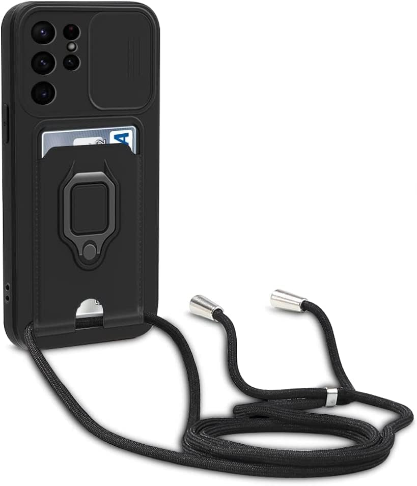 Crossbody Strap Case for Samsung Galaxy A53 5G with Card Holder Magnetic Ring Kickstand, Adjustable Lanyard Silicone Shockproof Protective Camera Cover for Samsung Galaxy A53 5G 6.5". Black