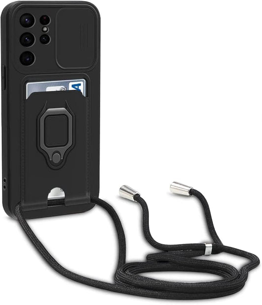 Crossbody Strap Case for Samsung Galaxy A53 5G with Card Holder Magnetic Ring Kickstand, Adjustable Lanyard Silicone Shockproof Protective Camera Cover for Samsung Galaxy A53 5G 6.5". Black