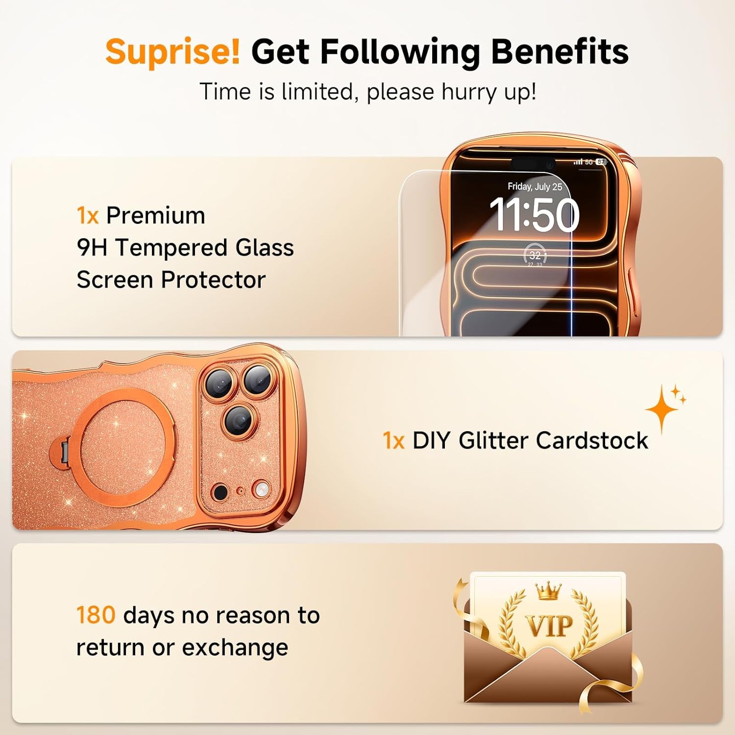 3 in 1 for Iphone 17 Pro Max Case with 360° Spin Magnetic Stand, 1X DIY Glitter Cardstock+1X Screen Protector, [Fit for Magsafe]Cute Wavy Glossy Clear Phone Cover for Women Girls 6.9", Cosmic Orange