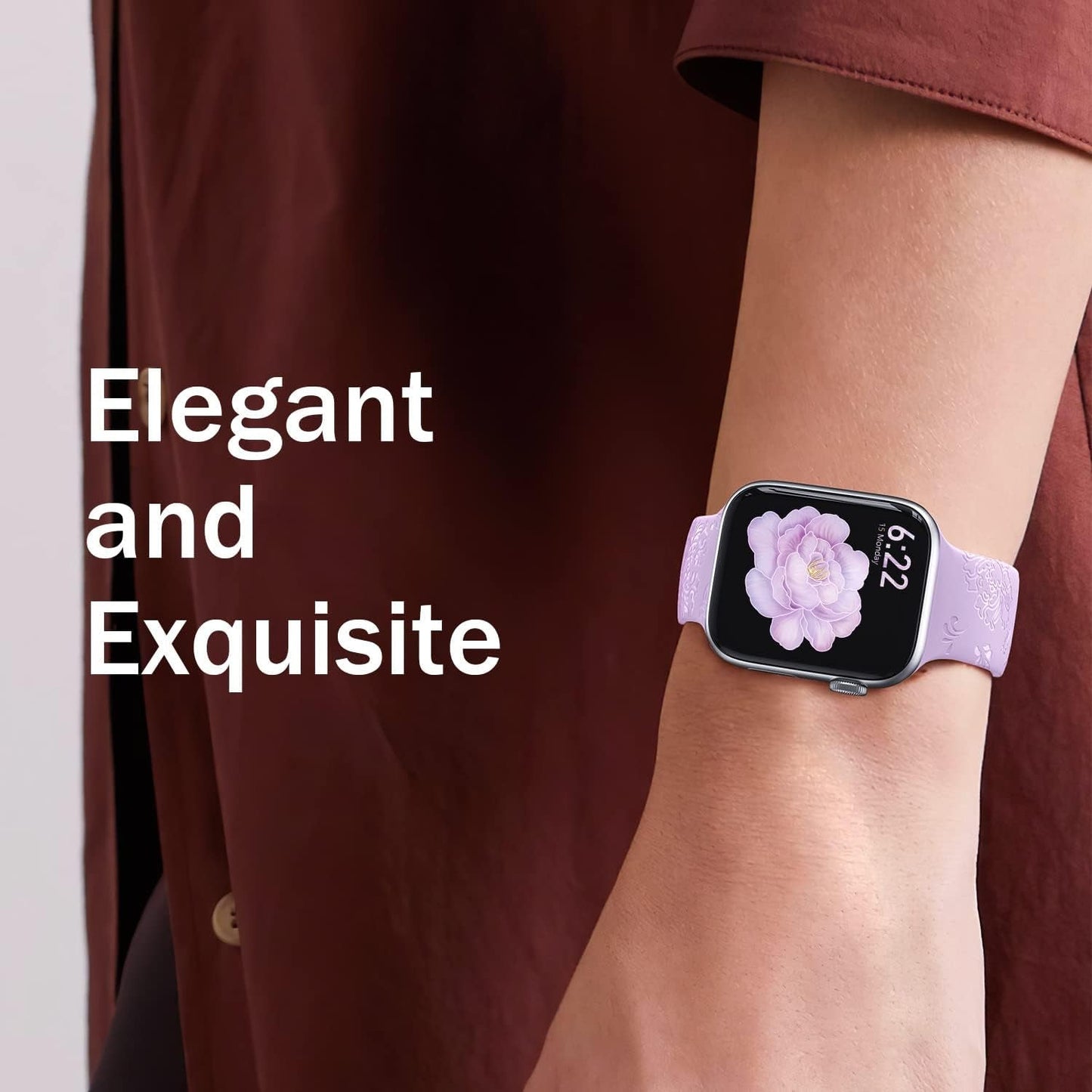 5 Pack Flower Engraved Silicone Band Compatible with Apple Watch Band 42Mm 44Mm 45Mm 47Mm, Elegant Peony Fancy Designer Sport Women Band Replacement for Iwatch Series 8 7 6 5 4 3 2 1 SE