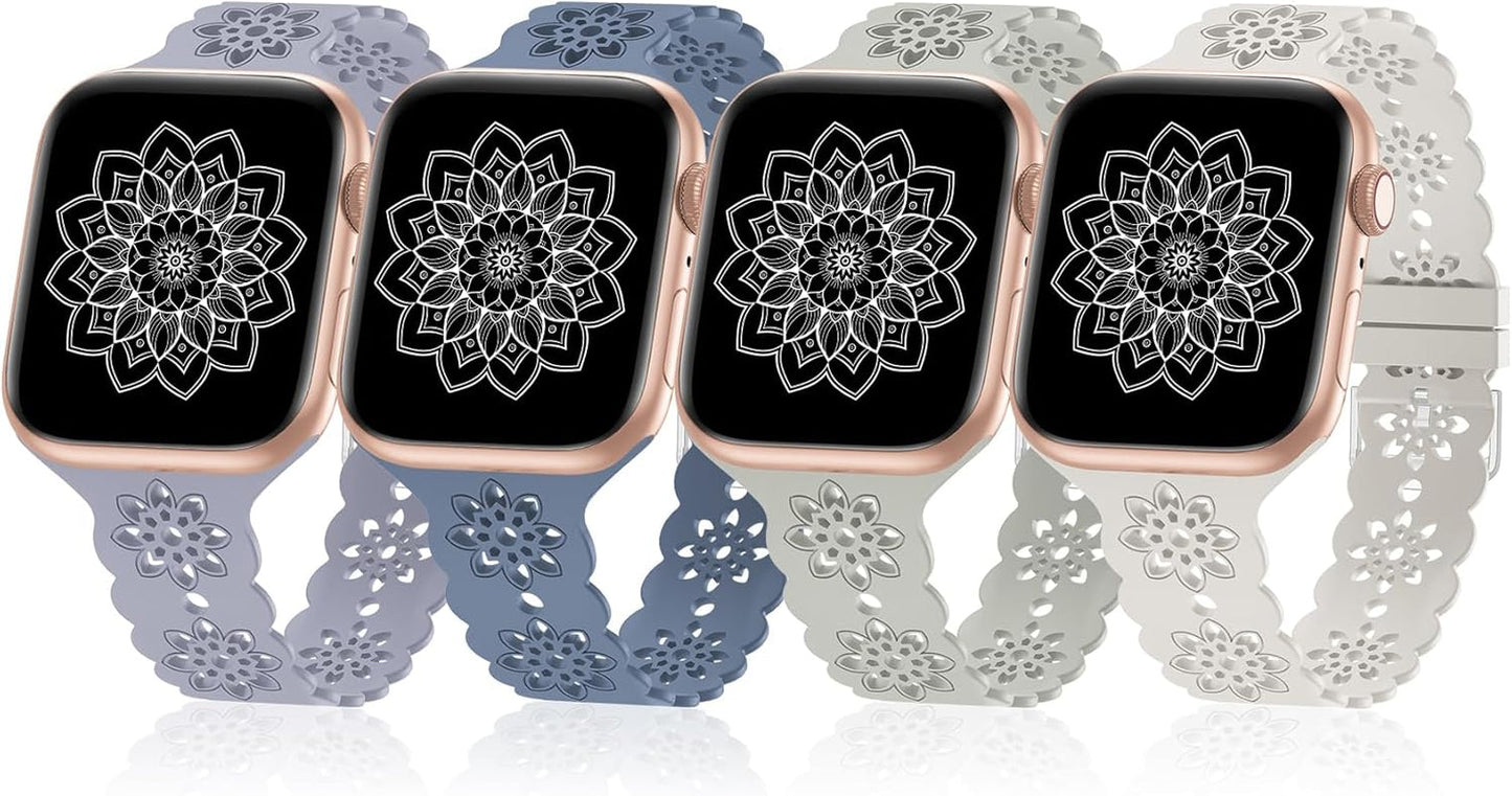 4 Pack Slim Silicone Bands Compatible with Apple Watch Band 40Mm 38Mm 41Mm 44Mm 45Mm 42Mm 49Mm Women Men, Lace Breathable Sport Strap for Iwatch Bands SE Series 9/8/7/6/5/4/3/2/1 Ultra 2/1