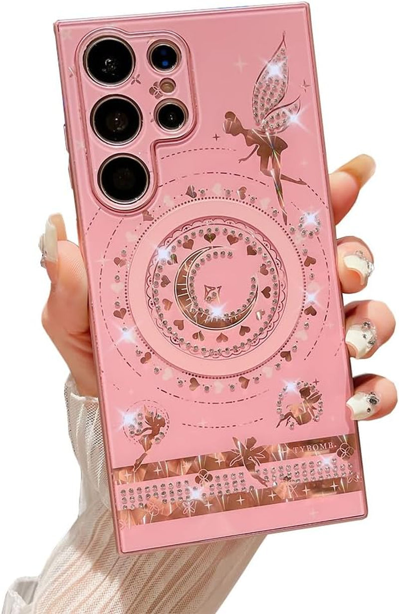 Cute Bling Magnetic Case for Galaxy S22 Ultra,Sparkle Luxury Rhinestone Heart Moon Star Angel Fairy Plating [Compatible with Magsafe] Girls Women for Samsung Galaxy S22 Ultra (Pink)