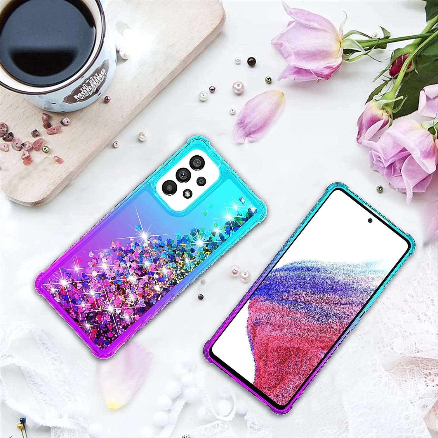 For Galaxy A53 Case,Samsung A53 5G Case with HD Screen Protector,Gradient Quicksand Glitter Liquid Floating Waterfall Durable Girls Cute Phone Case for Samsung Galaxy A53 5G (Teal/Purple)