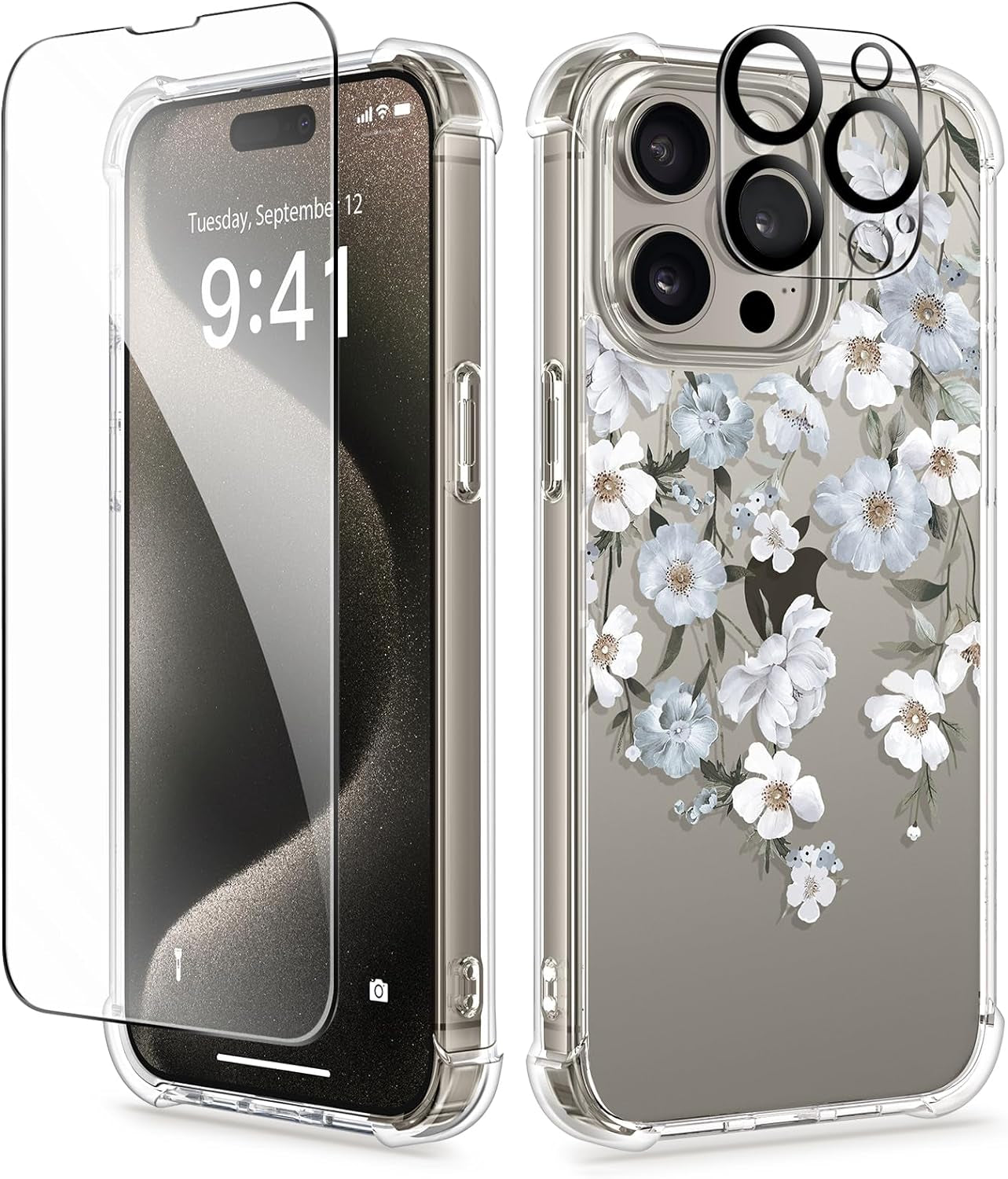 GVIEWIN for Iphone 15 Pro Case Floral, with Screen Protector+Camera Lens Protector, [Not Yellowing] Slim Shockproof Clear Phone Protective Cover for Women, Flower Pattern Design (Ranunculus/Pink)  GVIEWIN   