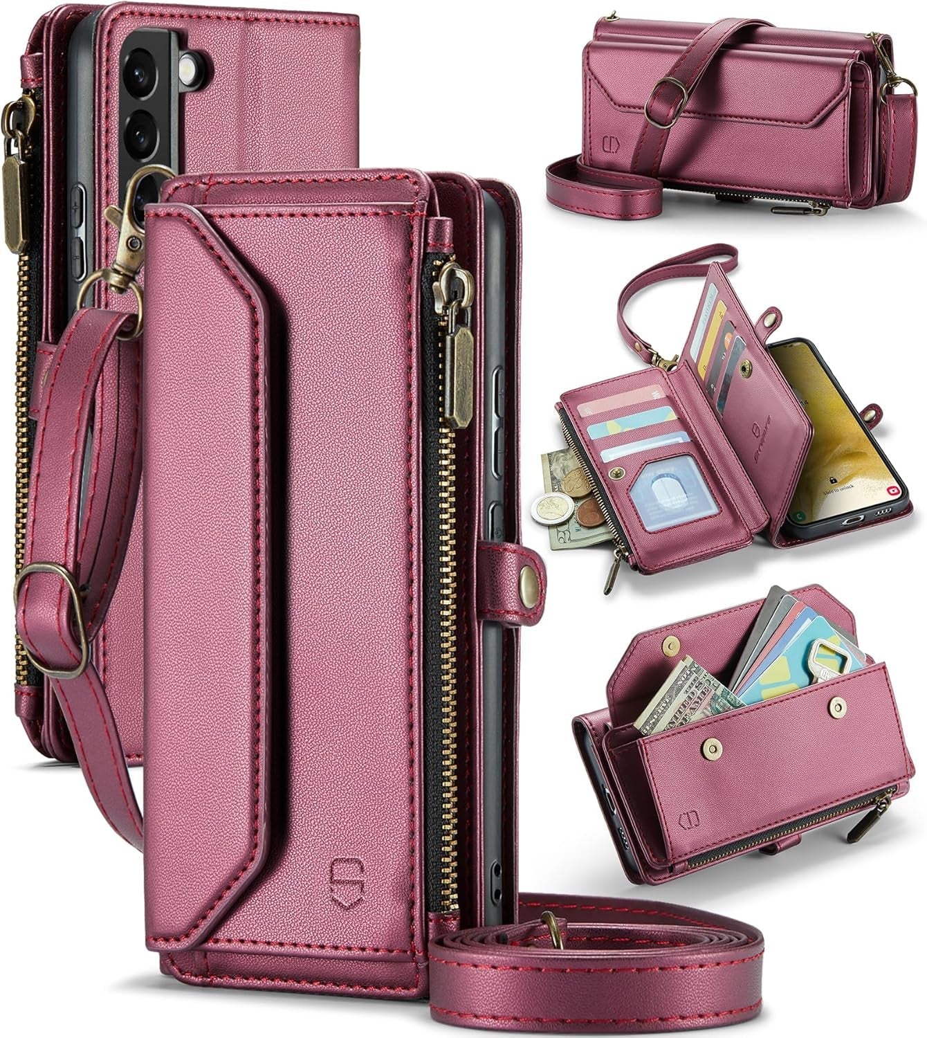 Crossbody for Samsung Galaxy S22 plus Case Wallet【Rfid Blocking】 with 10-Card Holder Zipper Bills Slot, PU Leather Magnetic Shoulder Strap for Galaxy S22 plus 5G Phone Case for Women,Black