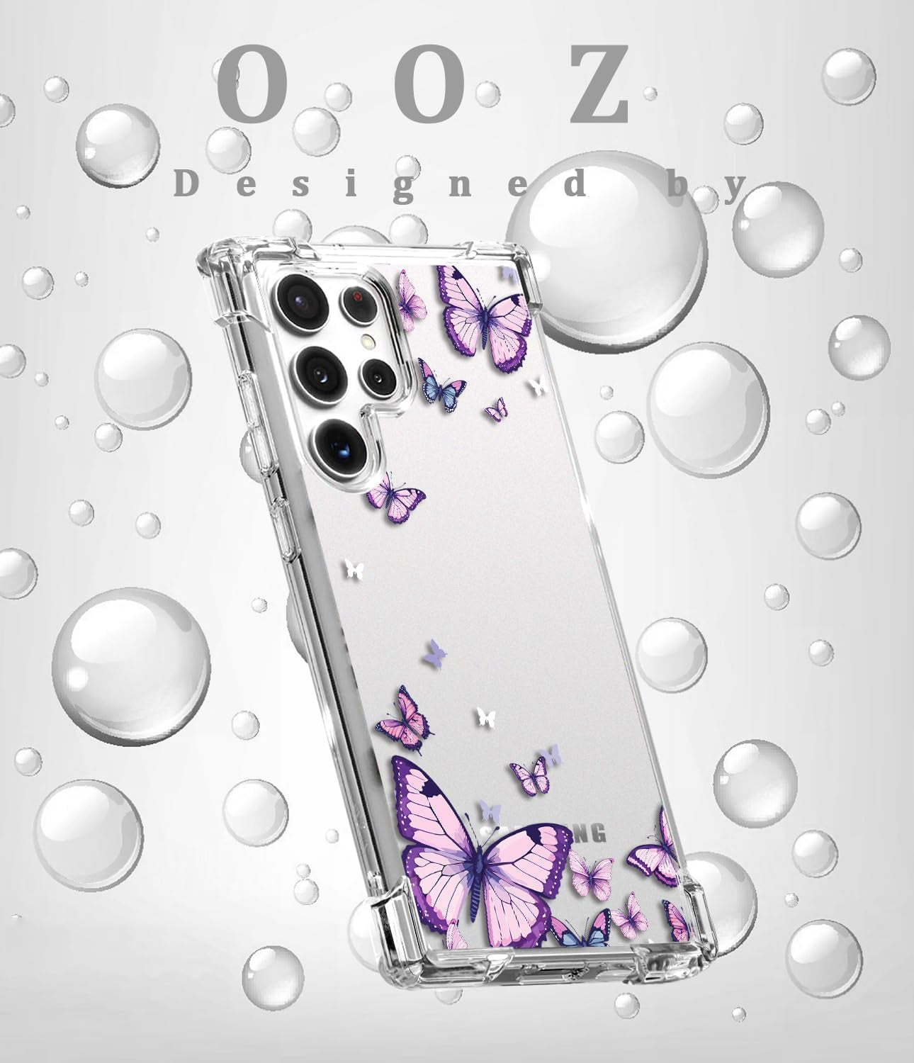 For Samsung Galaxy S22 Ultra Case,Alluring Purple Butterfly Pattern anti Yellowing Slim Hard Cases,Hard PC + TPU Bumper Clear Shockproof Protective Women Phone Cover - Purple