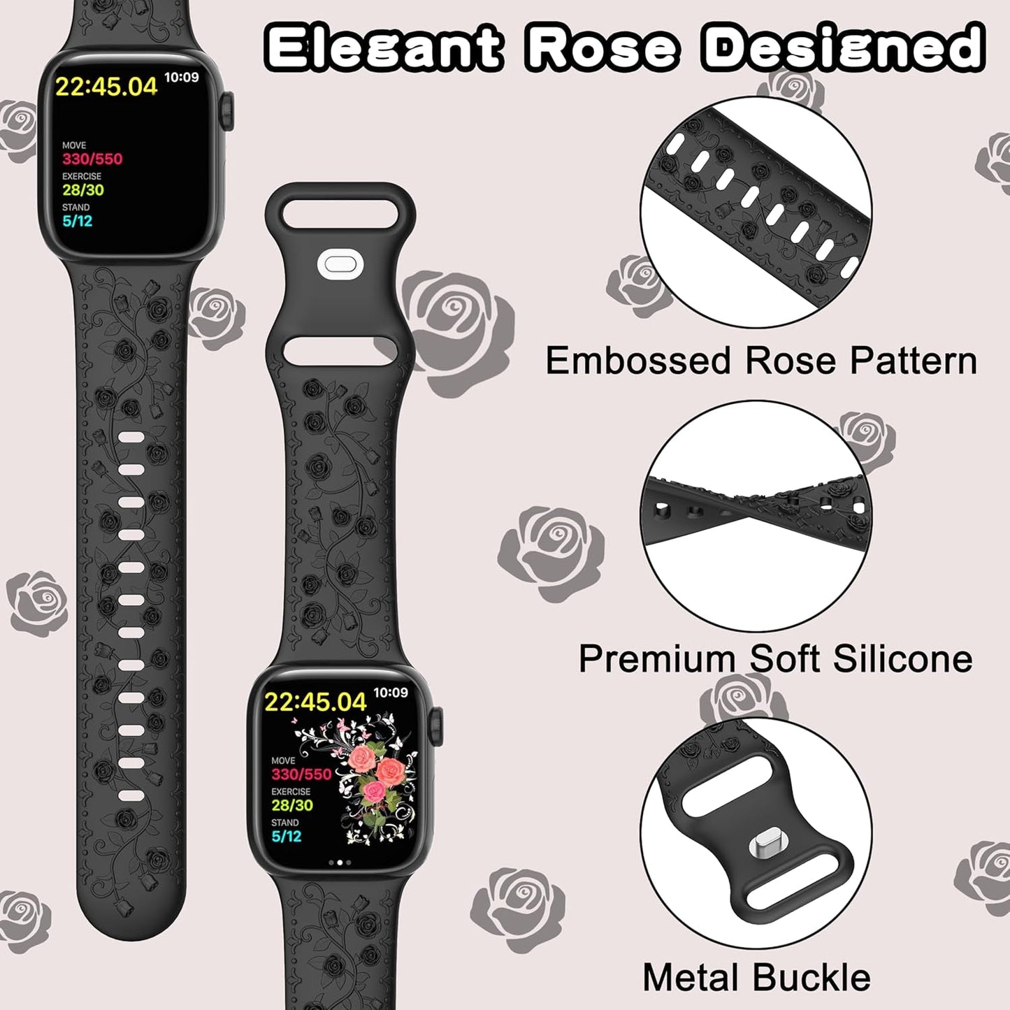 Embossed Flower Band Compatible with Apple Watch Band 40Mm 44Mm 41Mm 38Mm 45Mm 42Mm 49Mm Women,Cute Rose Engraved Strap Soft Silicone Wristbands for Iwatch Series 9 8 7 6 SE 5 4 3 2 1 Ultra
