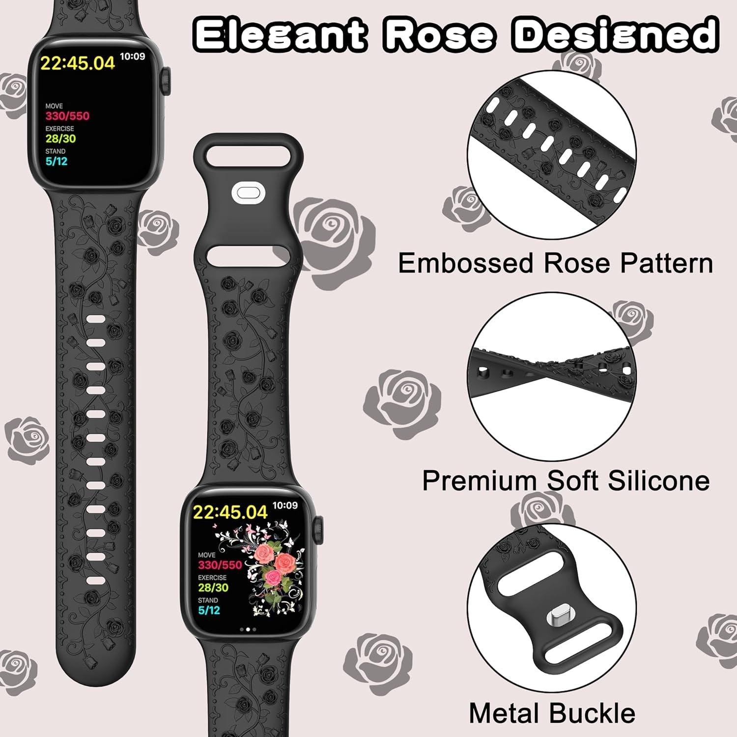 Embossed Flower Band Compatible with Apple Watch Band 40Mm 44Mm 41Mm 38Mm 45Mm 42Mm 49Mm Women,Cute Rose Engraved Strap Soft Silicone Wristbands for Iwatch Series 9 8 7 6 SE 5 4 3 2 1 Ultra