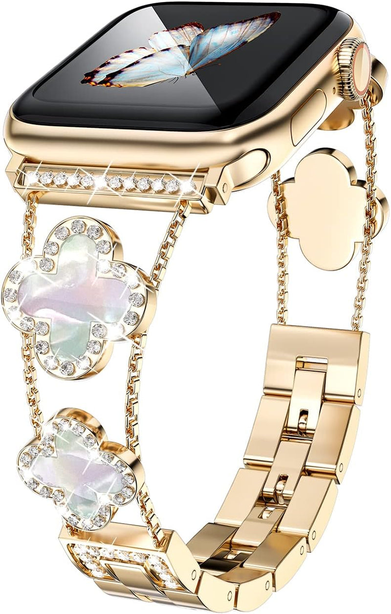 Diamond Metal Band Adds Sparkle to Your Watch - Compatible with Apple Watch Series 8/7/6/5/4/3/2/1Se/Ultra - Clover Is Simple and Stylish, Fits Women'S Sizes 38Mm 40Mm 41Mm 42Mm 44Mm 45Mm 49Mm.(Gold/Black, 42Mm/44Mm/45Mm)