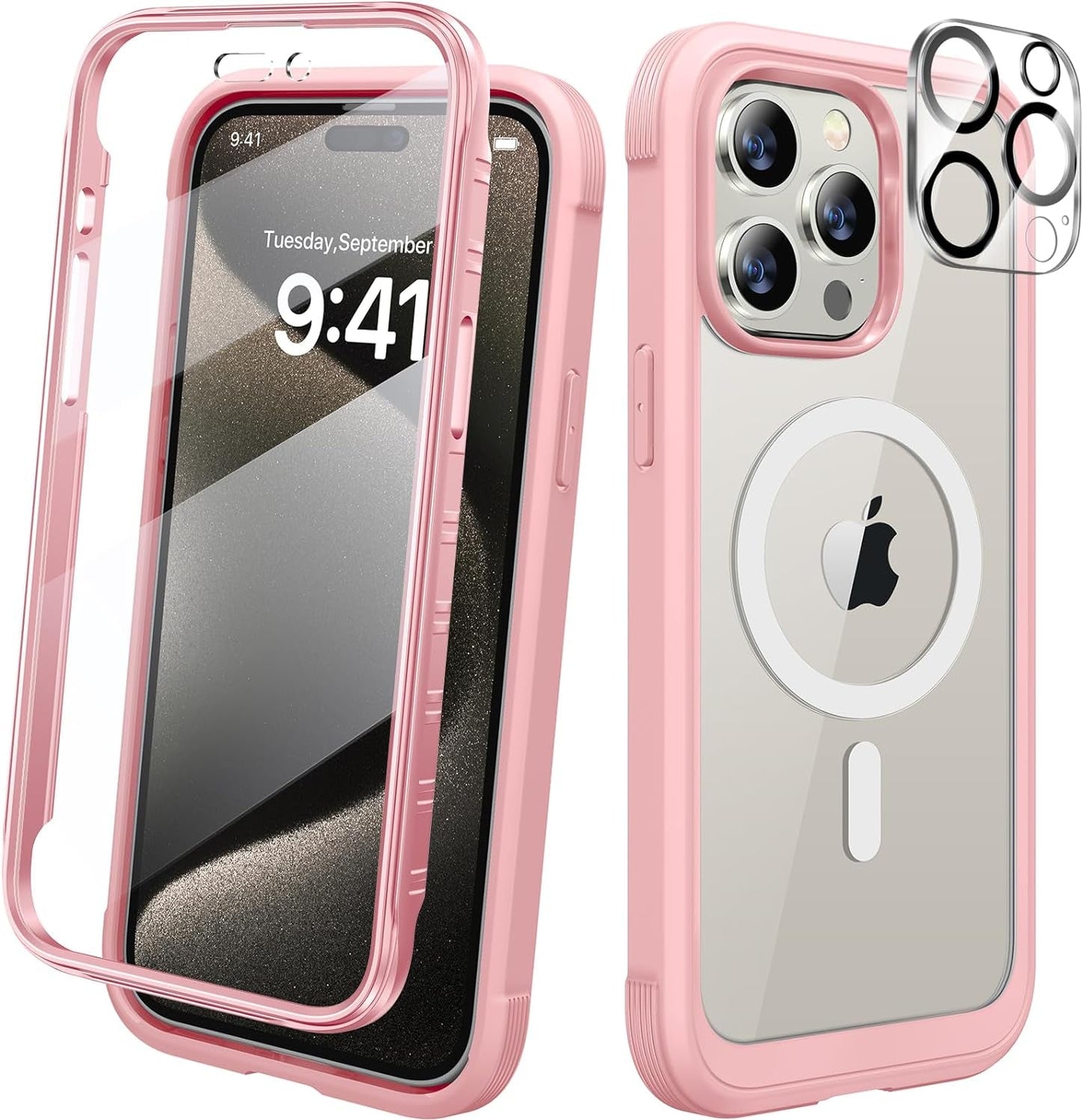 Diaclara Designed for Iphone 15 Pro Case, Full Body Rugged Case with Built-In Touch Sensitive Anti-Scratch Screen Protector, with Camera Lens Protector for Iphone 15 Pro 6.1",Frosted Clear  Diaclara Magnetic Pink Iphone 15 Pro 