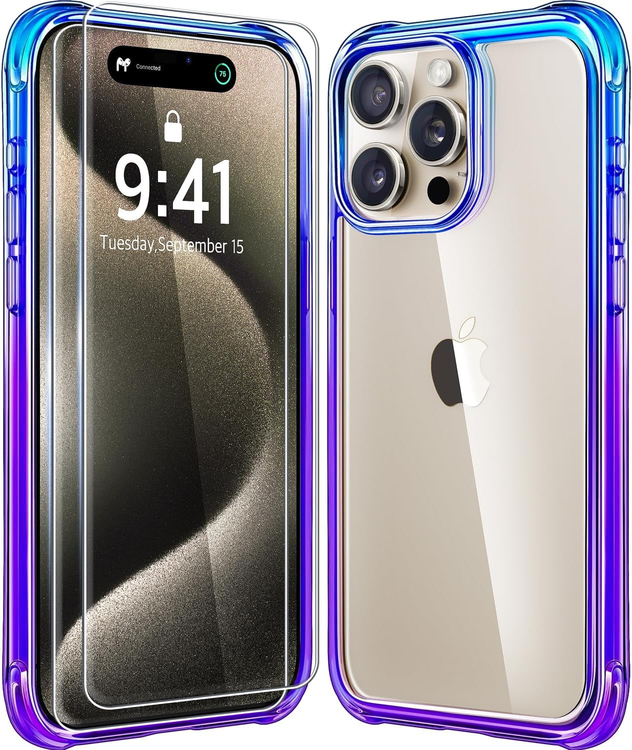 Mkeke for Iphone 15 Pro Max Case Clear, [Not-Yellowing] with 2X Screen Protector, [Military-Grade Drop Protection] Shockproof Protective Phone Cases 2023  Shenzhen Make Technology Company Limited Purple Blue  