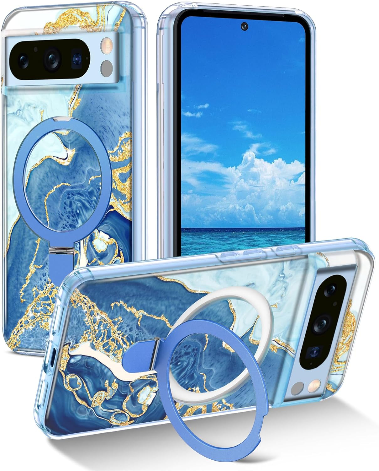 Lamcase Magnetic for Google Pixel 8 Case with Ring Stand [Compatible with Magsafe], Hard PC Slim Full Body Drop Protective Women Girls Men Phone Case for Google Pixel 8, Pink  Lamcase Blue White For Google Pixel 8 Pro, 6.7 Inch 