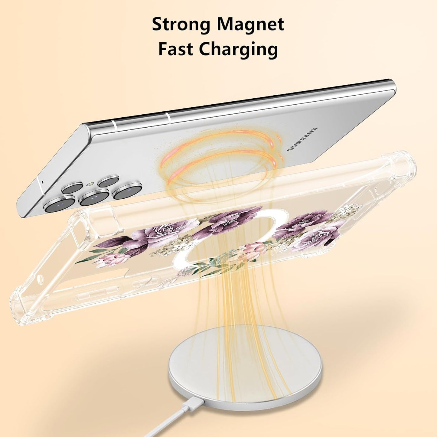 DEFBSC Magnetic Case for Samsung Galaxy S22 Ultra [Work with Magsafe] Clear Floral Flower Pattern Print Design Flexible Acrylic Shockproof Cover Flower Protective Phone Case, Purple Peony