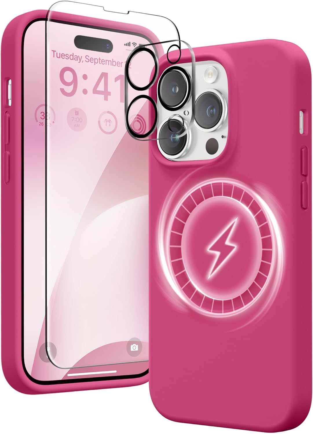 GONEZ for Iphone 14 Pro Max Case Silicone, Compatible with Magsafe, with 2X Screen Protector + 2X Camera Lens Protector, Liquid Silicone Shockproof Protective Iphone 14 Promax Case, Blue  GONEZ Purplish Red  