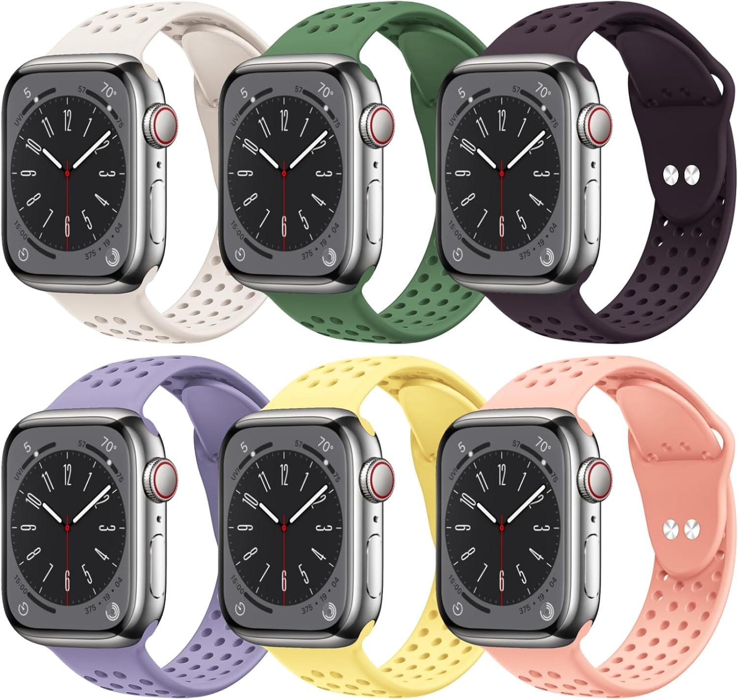 6 Pack Sport Bands Compatible for Apple Watch Bands 49Mm 45Mm 44Mm 42Mm 41Mm 40Mm 38Mm,Breathable Soft Silicone Sport Women Men Replacement Strap Compatible for Iwatch Series 9 Ultra2/Ultra 8 7 6 5 4 3 2 1 SE