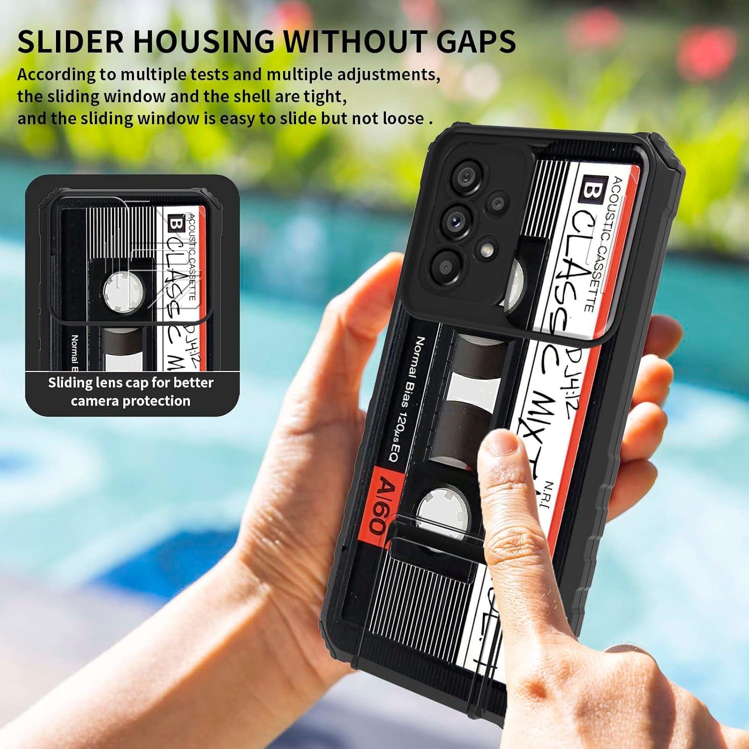 Galaxy A53 5G Phone Case with Slide Camera Cover Built-In Stand Kickstand Dual Layer Hybrid Shockproof Protective Case for Samsung Galaxy A53 5G, Retro Audio Cassette