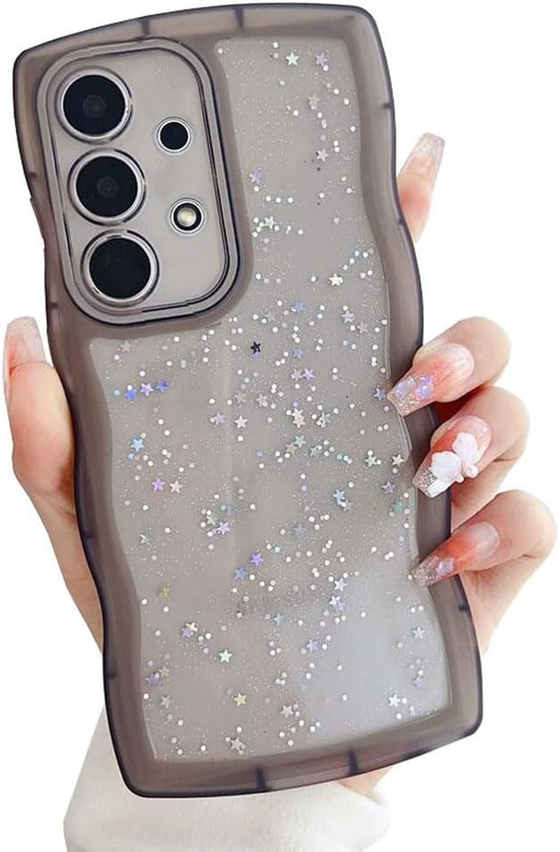 Compatible with Galaxy A53 5G Case for Women Girls Glitter Sparkly Bling Camera Lens Protector Cute Curly Wave Frame Shockproof Protective Cover Phone Case for Samsung Galaxy A53 5G(BLUE)