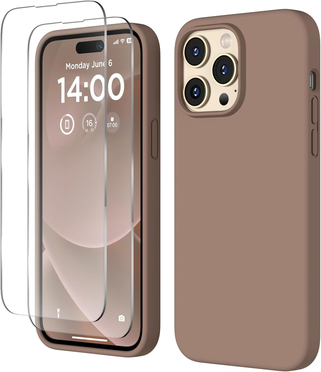 COFFKER Designed for Iphone 14 Pro Max Case, Liquid Silicone Case [2X Screen Protectors], Shockproof Slim Thin Protective Phone Case with Soft Anti-Scratch Microfiber Lining, 6.7 Inch, Calke Green  COFFKER Light Brown  