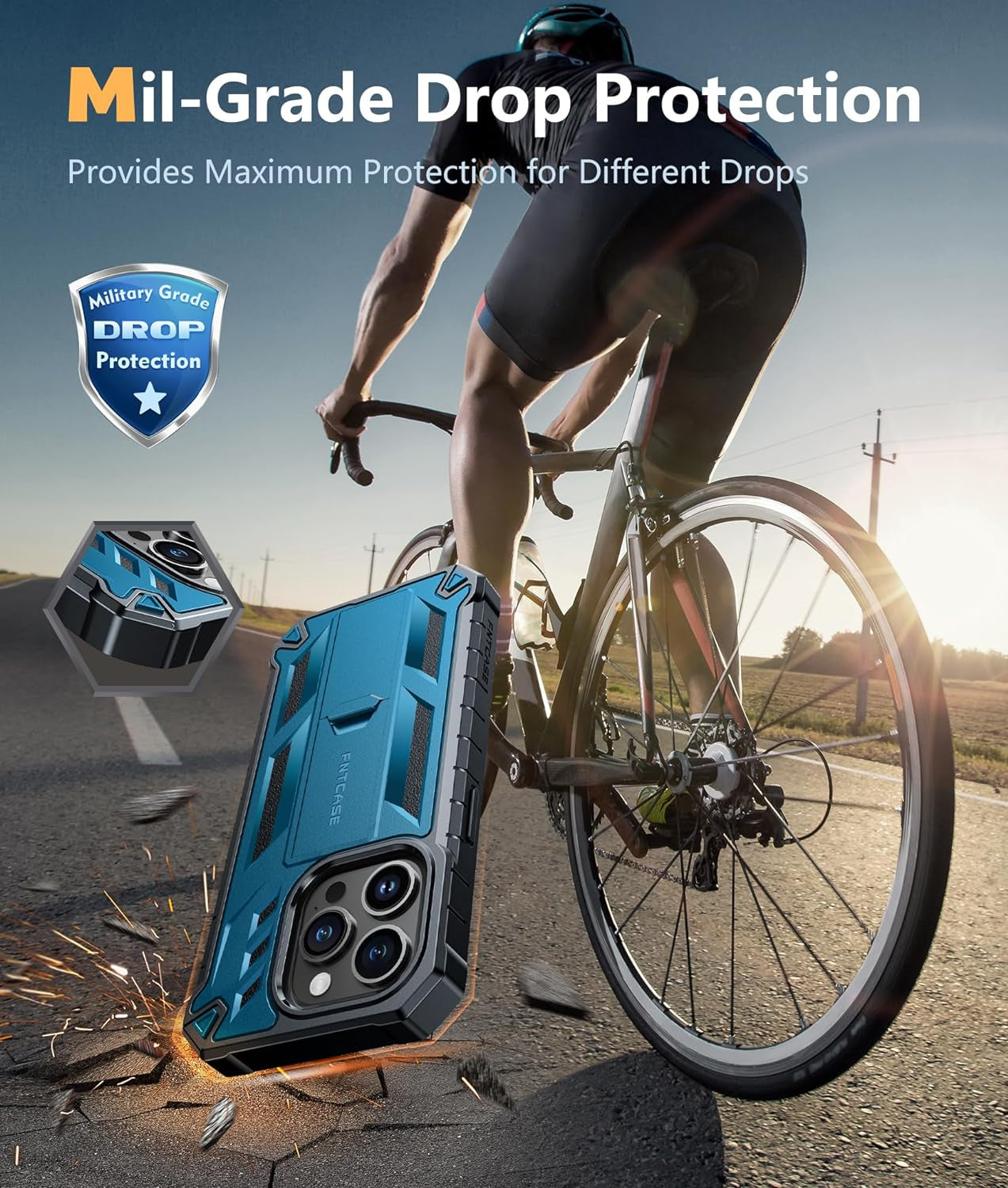 FNTCASE for Iphone 15 Pro Case: Military Grade Drop Proof Rugged Protective Cell Phone Cover with Kickstand & Built-In Protector | Matte Textured Shockproof TPU Hybrid Bumper Cases (Blue)  FNTCASE   