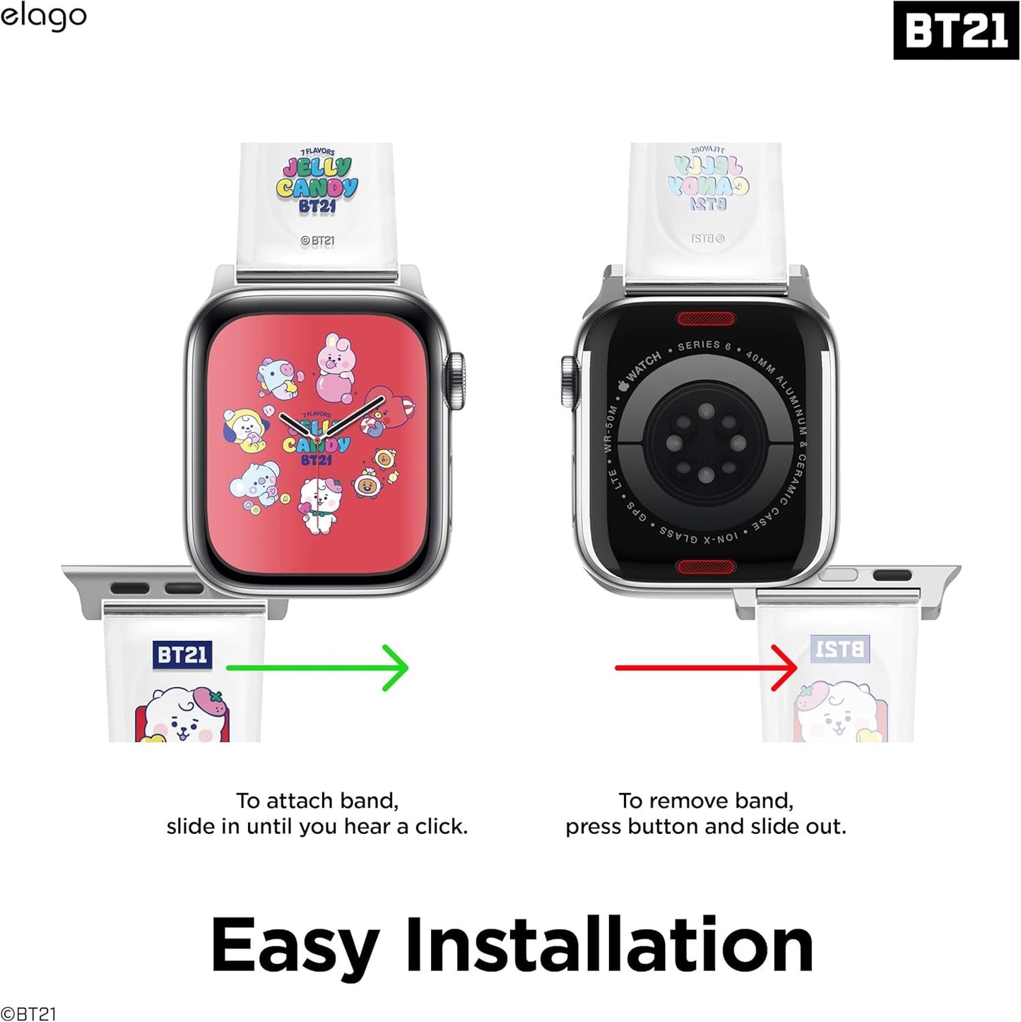 Elago BT21 Band Compatible with Apple Watch Band 38Mm 40Mm 41Mm 42Mm 44Mm 45Mm 49Mm Compatible with Iwatch Series Ultra2/Ultra/Se/9/8/7/6/Se/5/4/3/2/1, Soft Protective Strap [Official Merchandise]