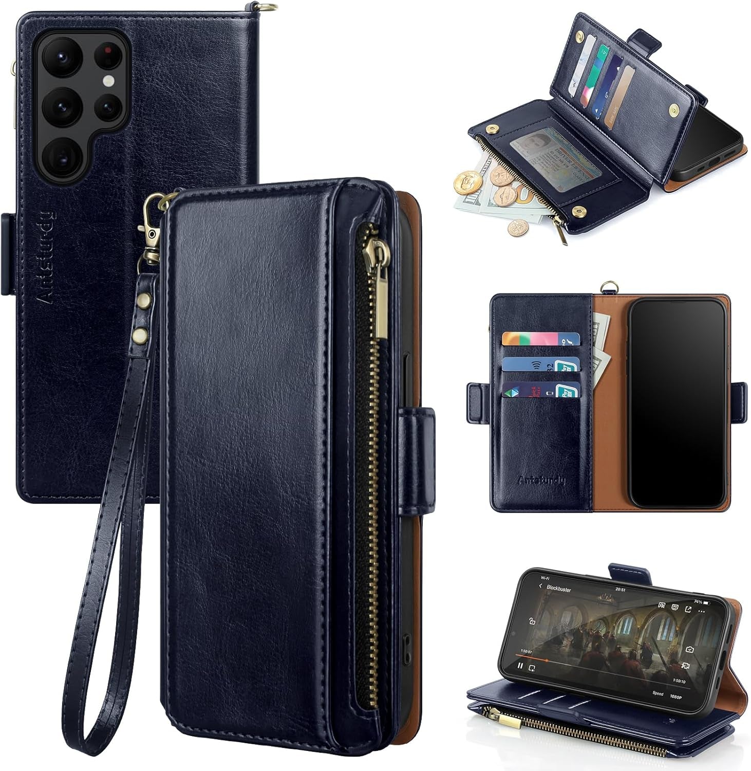 Antsturdy Samsung Galaxy S22 Ultra Wallet with Card Holder for Women Men,Galaxy S22 Ultra 5G Phone Case RFID Blocking PU Leather Flip Shockproof Cover with Strap Zipper Credit Card Slots,Dark Blue