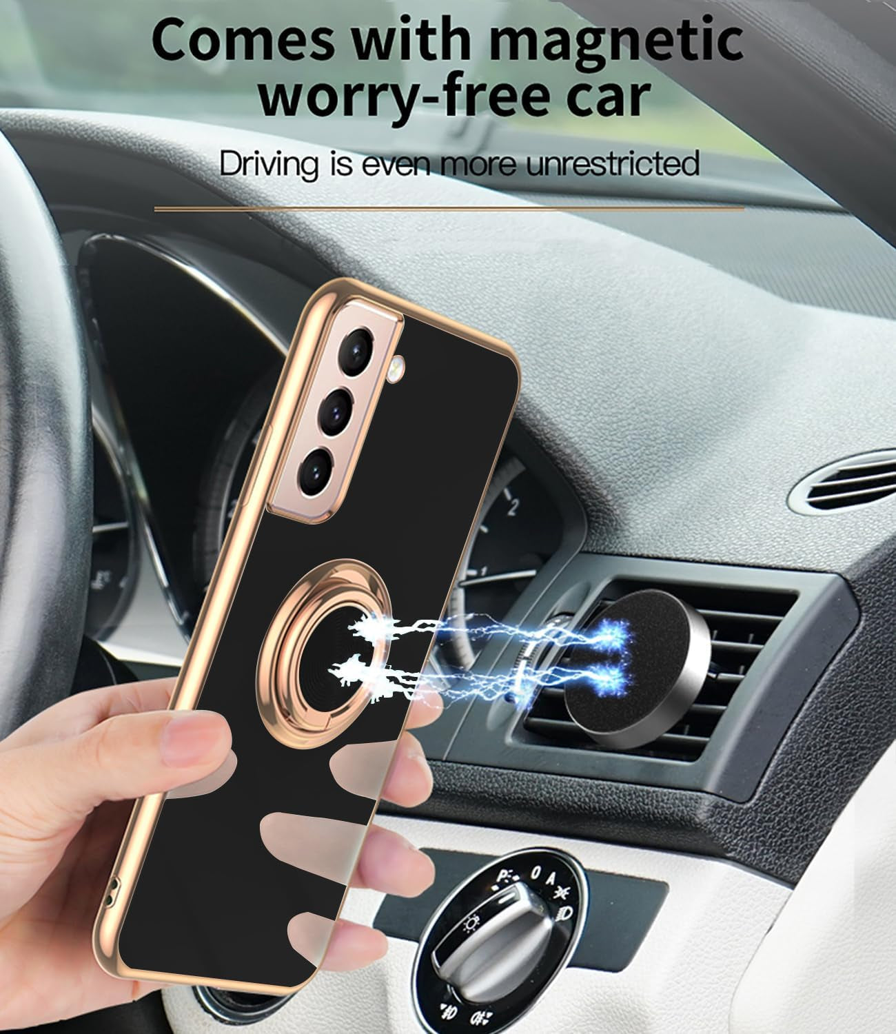 For Samsung Galaxy S22 5G Case, with 2 Screen Protector, Built-In 360° Ring Holder Magnetic Stand, Luxury Electroplated Plating Edge Shockproof Protective Phone Cover, Black