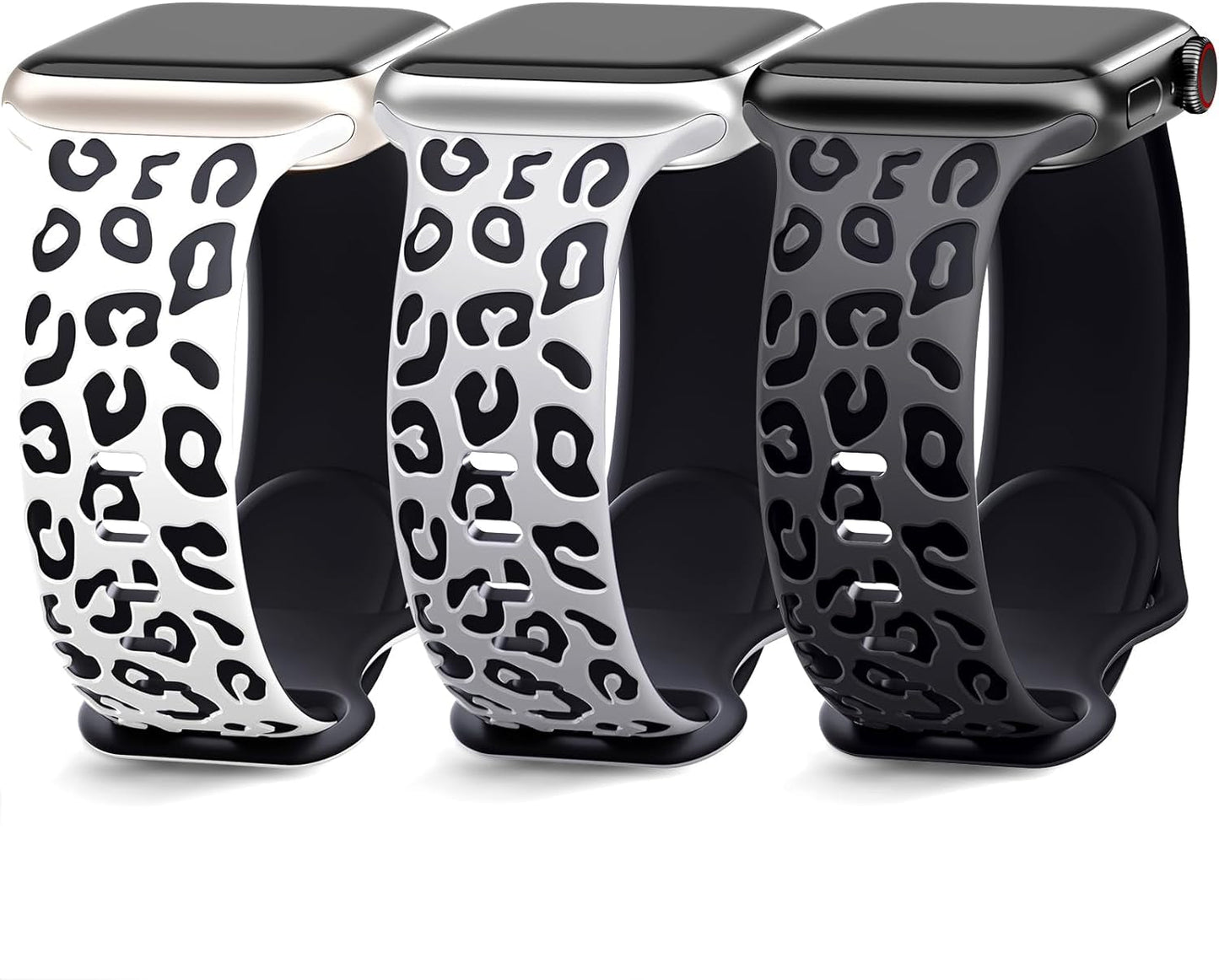 3 Pack Engraved Leopard Bands Compatible with Apple Watch Band 40Mm 41Mm 38Mm 45Mm 44Mm 42Mm 49Mm for Women Men,Cheetah Cute Sport Silicone Strap for Iwatch Series 9 Ultra/Ultra 2 SE 8 7 6 5 4 3 2 1