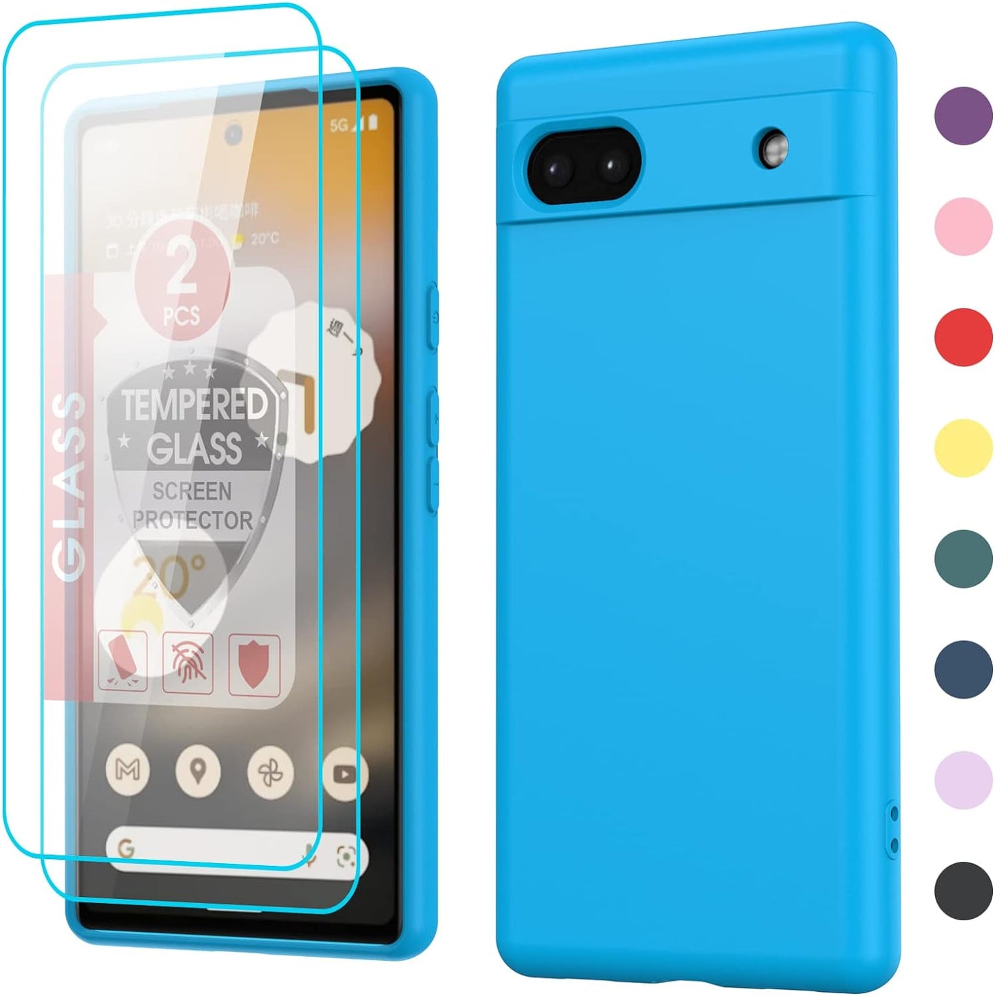 Leyi for Pixel 6A 5G Case: Google Pixel 6A Case with [2 Pack] Tempered Glass Screen Protector Liquid Silicone Soft Microfiber Liner Cover Case Pixel 6A, Red  LeYi Sky Blue Google Pixel 6A 