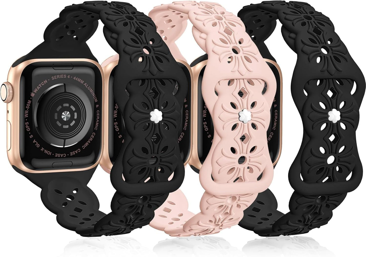 3 Pack Engraved Lace Silicone Bands Compatible with Apple Watch Band 38Mm 40Mm 41Mm 42Mm 44Mm 45Mm 49Mm Women Men, Slim Thin Hollow-Out Sport Strap for Iwatch Series 9/8/7/6/5/4/3/2/1 SE Ultra 2/1
