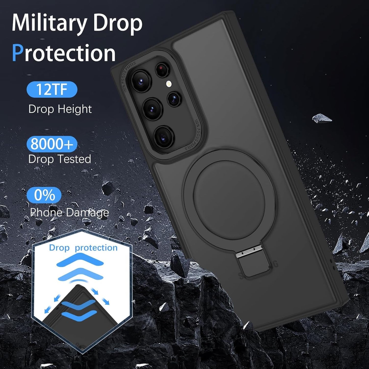 DUEDUE for Samsung Galaxy S22 Ultra Case with Ring Stand[Compatible with Magsafe], Translucent Matte Back Full Body Cover Slim Shockproof Kickstand Phone Case for Samsung S22 Ultra 6.8", Black