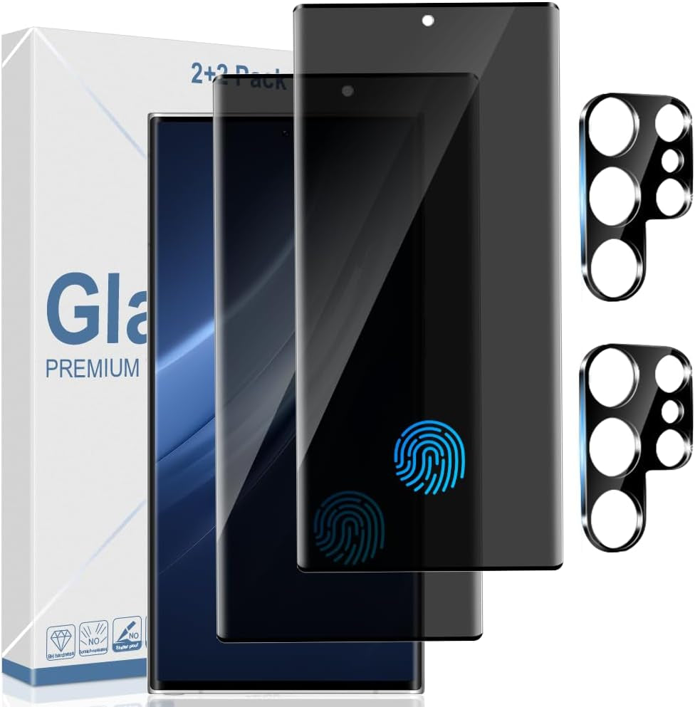 2+2 Pack Galaxy S22 Ultra 5G Privacy Screen Protector and Camera Lens Protection,Anti-Spy Tempered Glass, 3D Full Coverage, Fingerprint Unlock, Free of Bubbles for Samsung Galaxy S22 Ultra 6.8 Inch