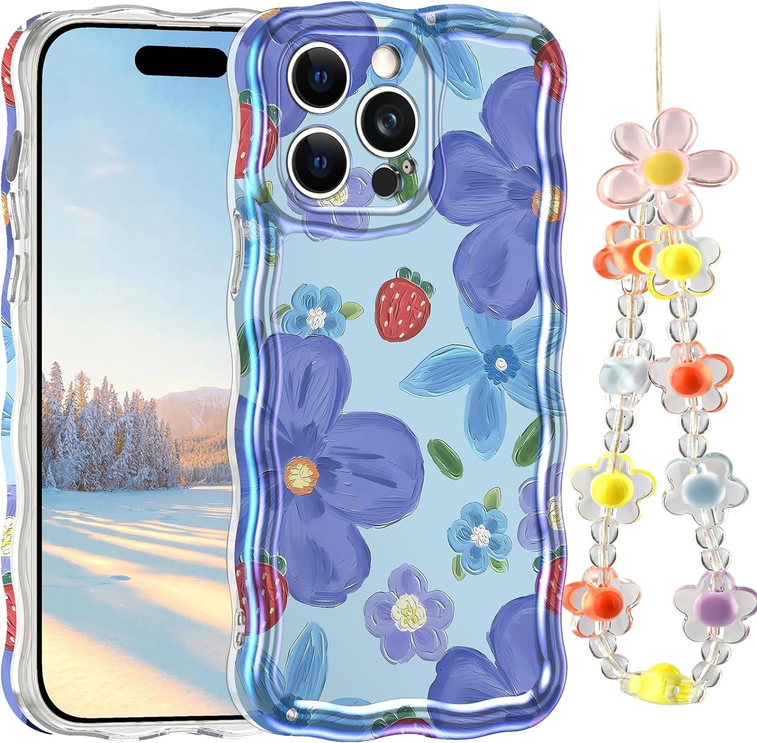 LONTECT for Iphone 14 Pro Max Case Shockproof Slim Full Body Protective Cute Curly Wave Border Camera Protection Cover+Flower Beads Chain Girls Women Case for Apple Iphone 14 Pro Max,Pink Butterfly  Lontect Blue Flower Apple Iphone 14 Pro Max 6.7" 
