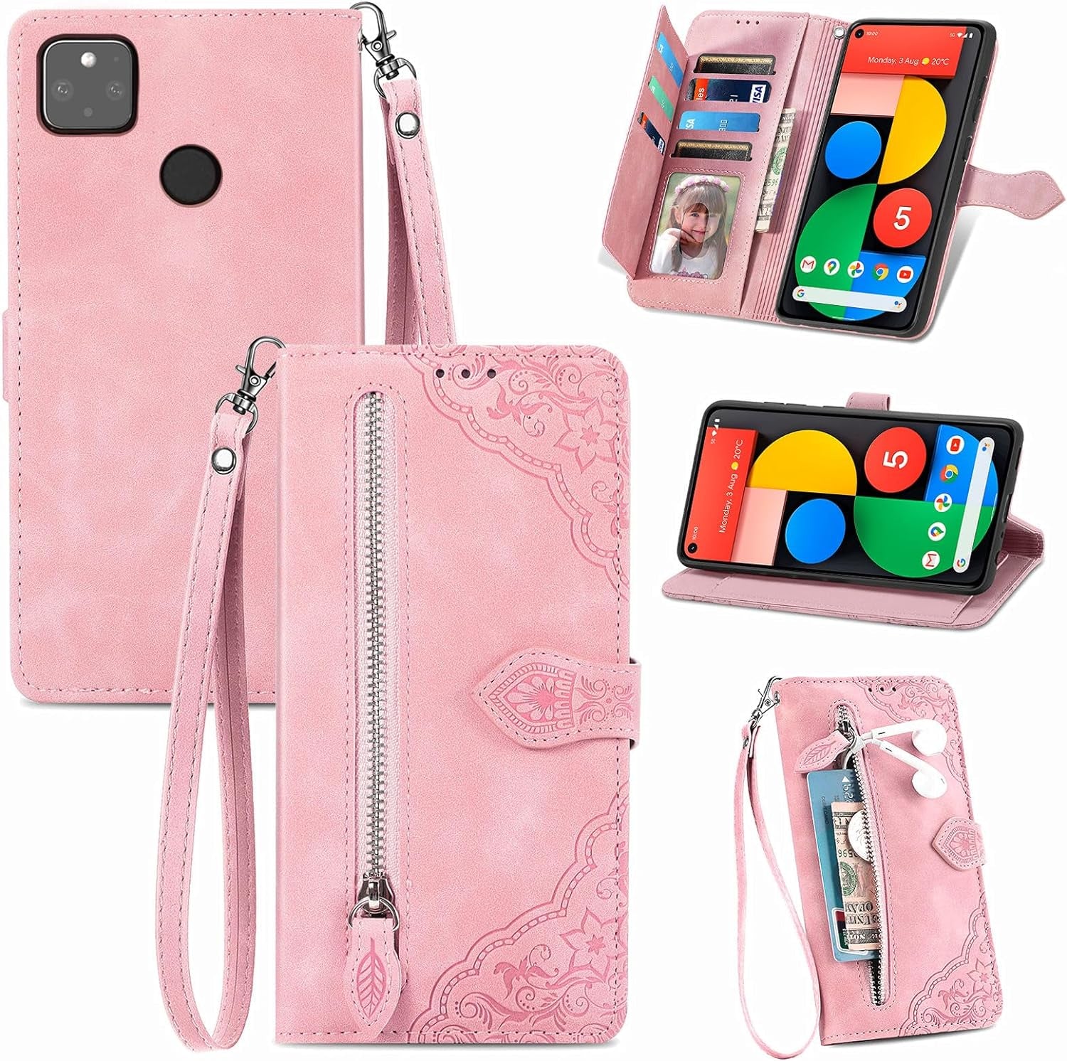 Compatible with Google Pixel 5 Wallet Case with Wrist Strap Lanyard PU Leather Flip Folio Case Card Holder Stand Cell Accessories Phone Cover for Pixel5 5G Pixle Five G5 Women Purple  Furiet Pink  