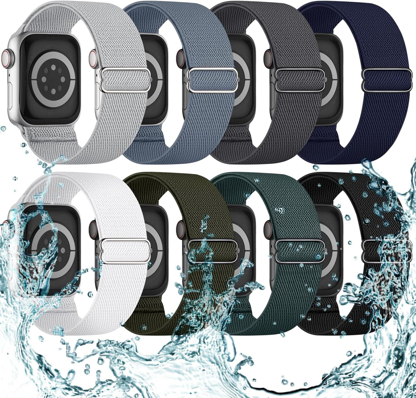 8 Pack Stretchy Solo Loop Compatible with Apple Watch Band 40Mm 41Mm 42Mm 44Mm 45Mm 38Mm 49Mm, Splash-Proof Sweat-Wicking Nylon Elastic Strap Women Men for Iwatch Series 9 8 7 6 5 4 3 SE Ultra 2