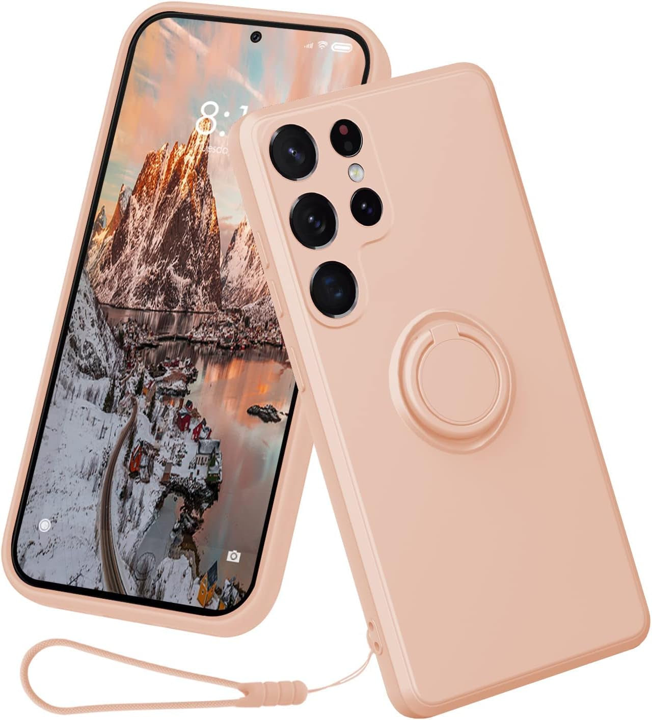 Case Compatible with Samsung Galaxy S22 Ultra（5G 2022 Released）, Silicone with Ring 360°Rotatable Kickstand Case Support Magnetic Car Mount，Protective Cover with Strap (Red)