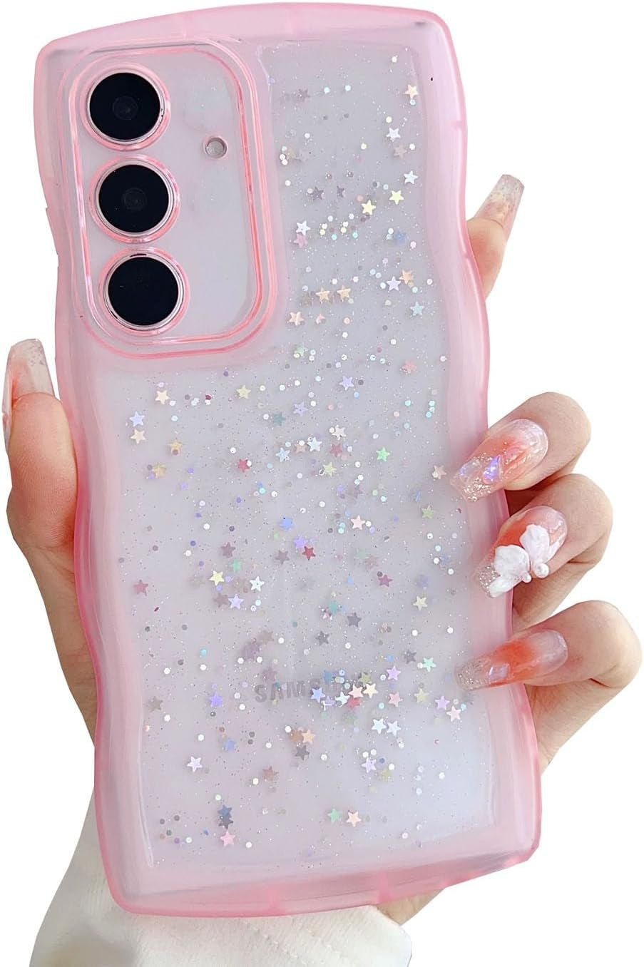 Compatible with Galaxy A53 5G Case for Women Girls Glitter Sparkly Bling Camera Lens Protector Cute Curly Wave Frame Shockproof Protective Cover Phone Case for Samsung Galaxy A53 5G(BLUE)