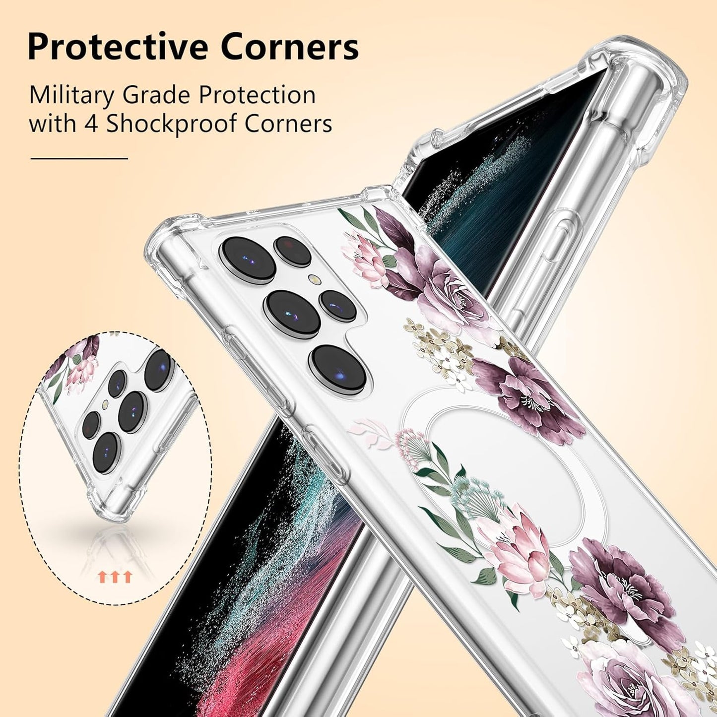 DEFBSC Magnetic Case for Samsung Galaxy S22 Ultra [Work with Magsafe] Clear Floral Flower Pattern Print Design Flexible Acrylic Shockproof Cover Flower Protective Phone Case, Purple Peony