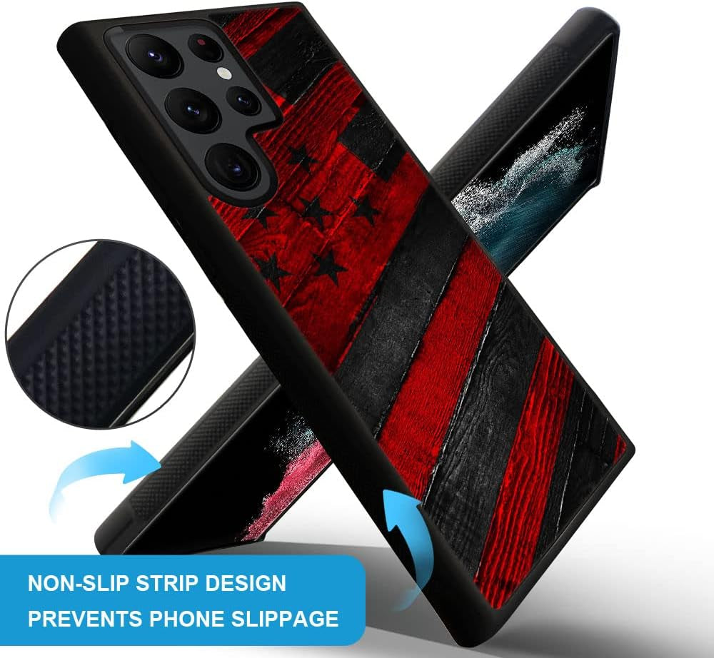 DJSOK Case Compatible with Samsung Galaxy S22 plus Case, Black Red Wood Grain American Flag Pattern Design Pattern Back+Soft Silicone Protective Case