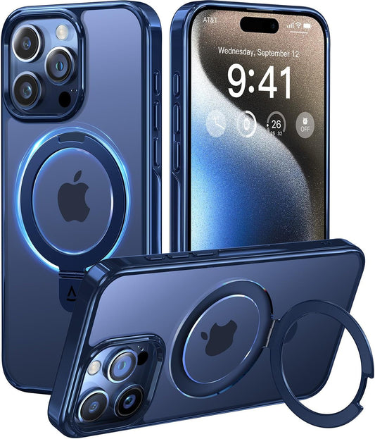 Alphex Titanium Stand for Magsafe Iphone 15 Pro Max Case, Polished Titanium Match for Iphone, 12FT Military Drop Protection, Shockproof Phone Ring Slim Cover 6.7 Inch, Blue Titanium  Alphex   