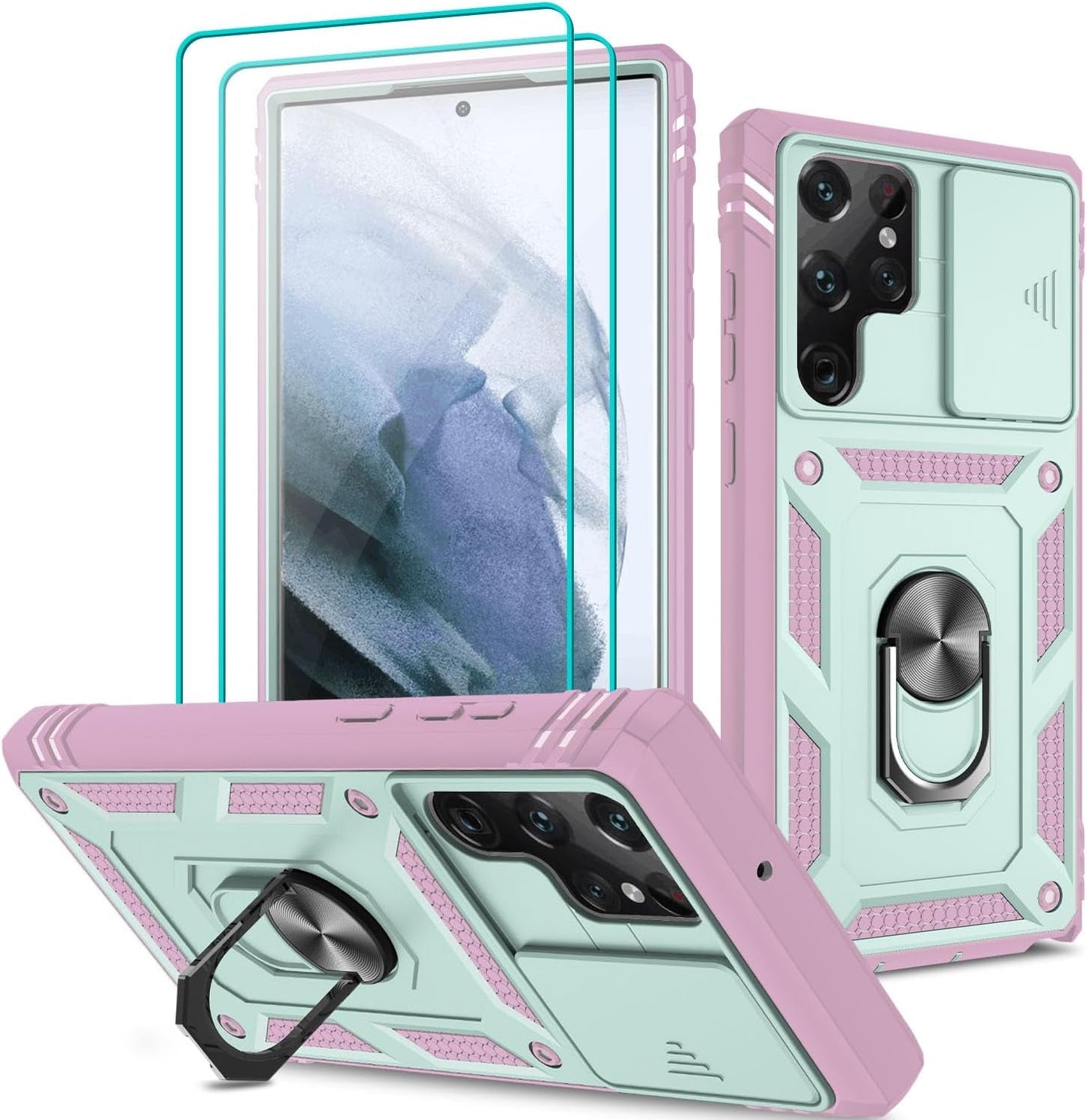 For Samsung Galaxy S22 Ultra Case with Slide Camera Cover & Screen Protector*2, S22 Ultra Case Build in 360° Rotating Ring Kickstand, Military Grade Protective Case for Galaxy S22 Ultra Case, Black