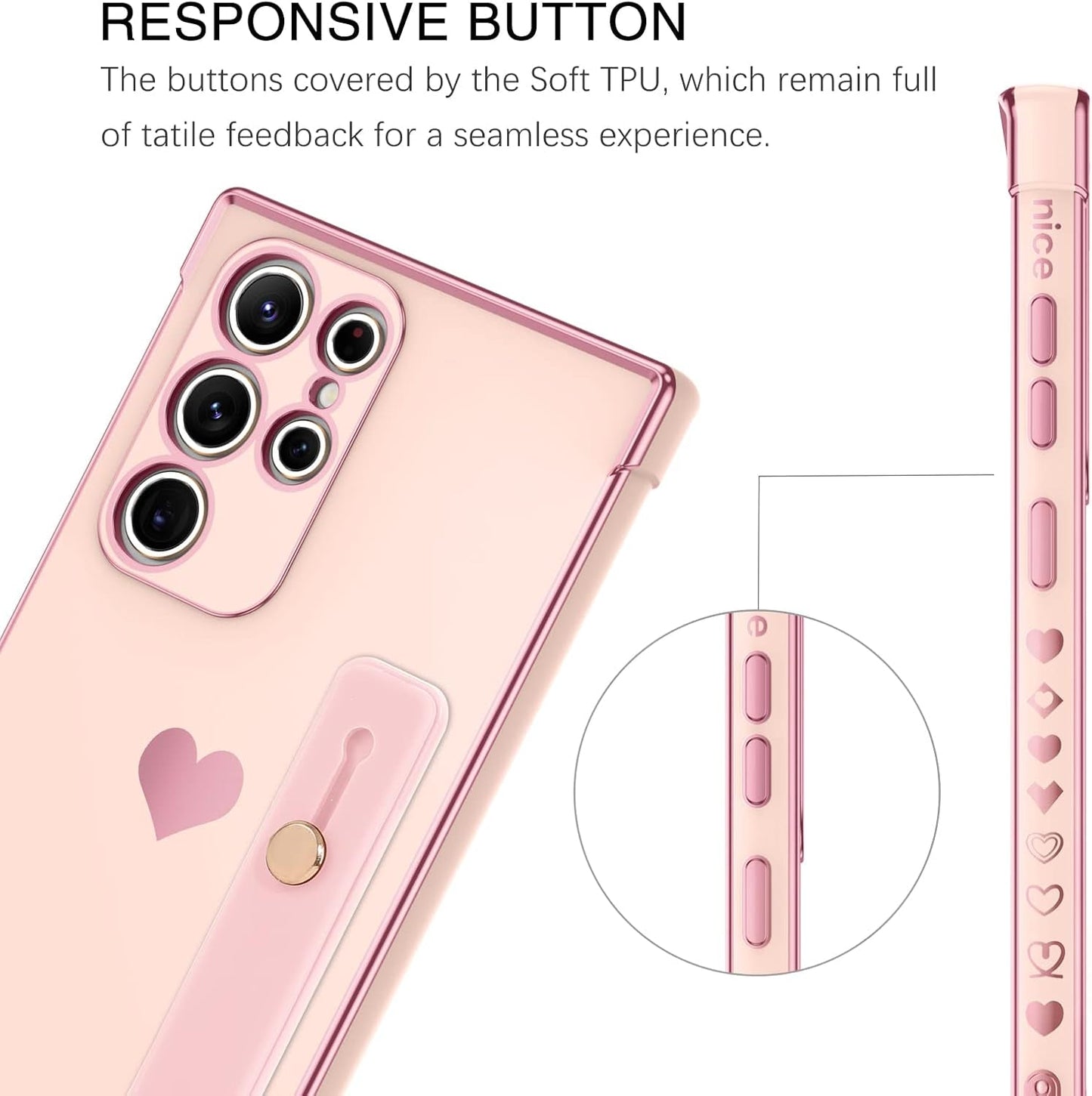 BENTOBEN Galaxy S22 Ultra Case,Slim Luxury Heart Design Plated Soft Bumper Women Men Girl Protective Case Cover with Strap for Samsung Galaxy S22 Ultra 6.8 Inch,Pink/Gold