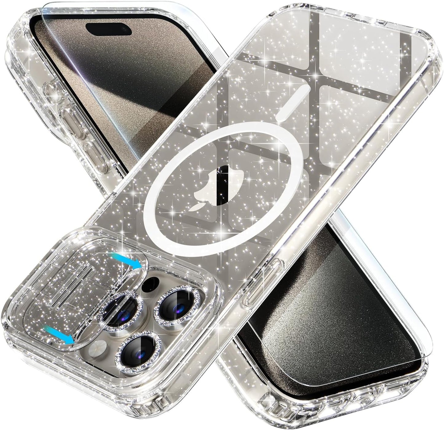 Choiche Magnetic Case for Iphone 15 Pro Case, Women Clear Glitter Sparkly Case, [Slide Camera Cover & 3 Diamond Camera Lens Protectors & 2 Screen Protectors] [Compatible Magsafe] (Glitter Clear)  Choiche Glitter Clear  