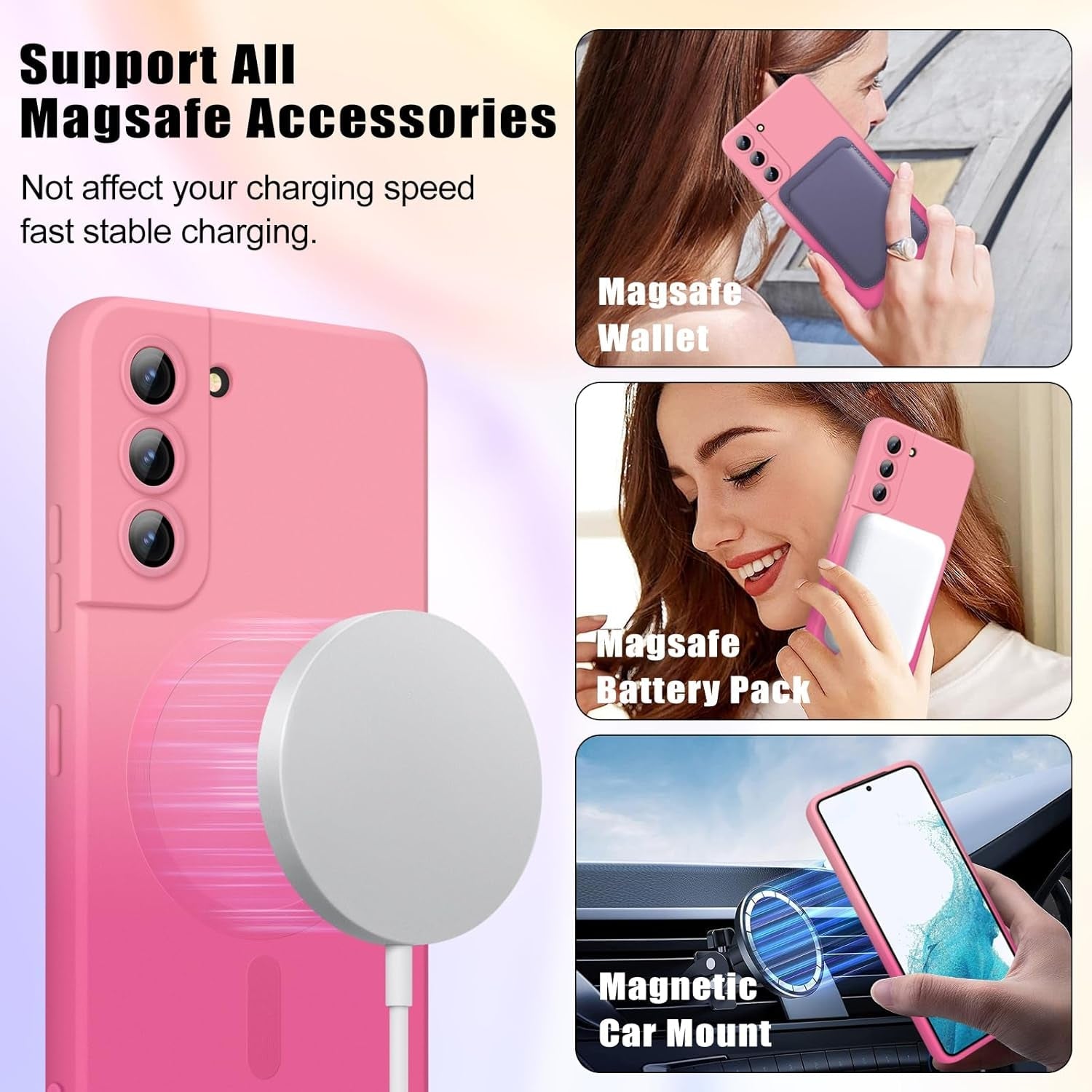 For Samsung Galaxy S22 plus 5G Magnetic Case, Luxury Cute Soft Liquid Silicone Case Bumper Anti-Scratch Shockproof Full Camera Protector Multicolor Cover for Samsung Galaxy S22 Plus-Pink Red