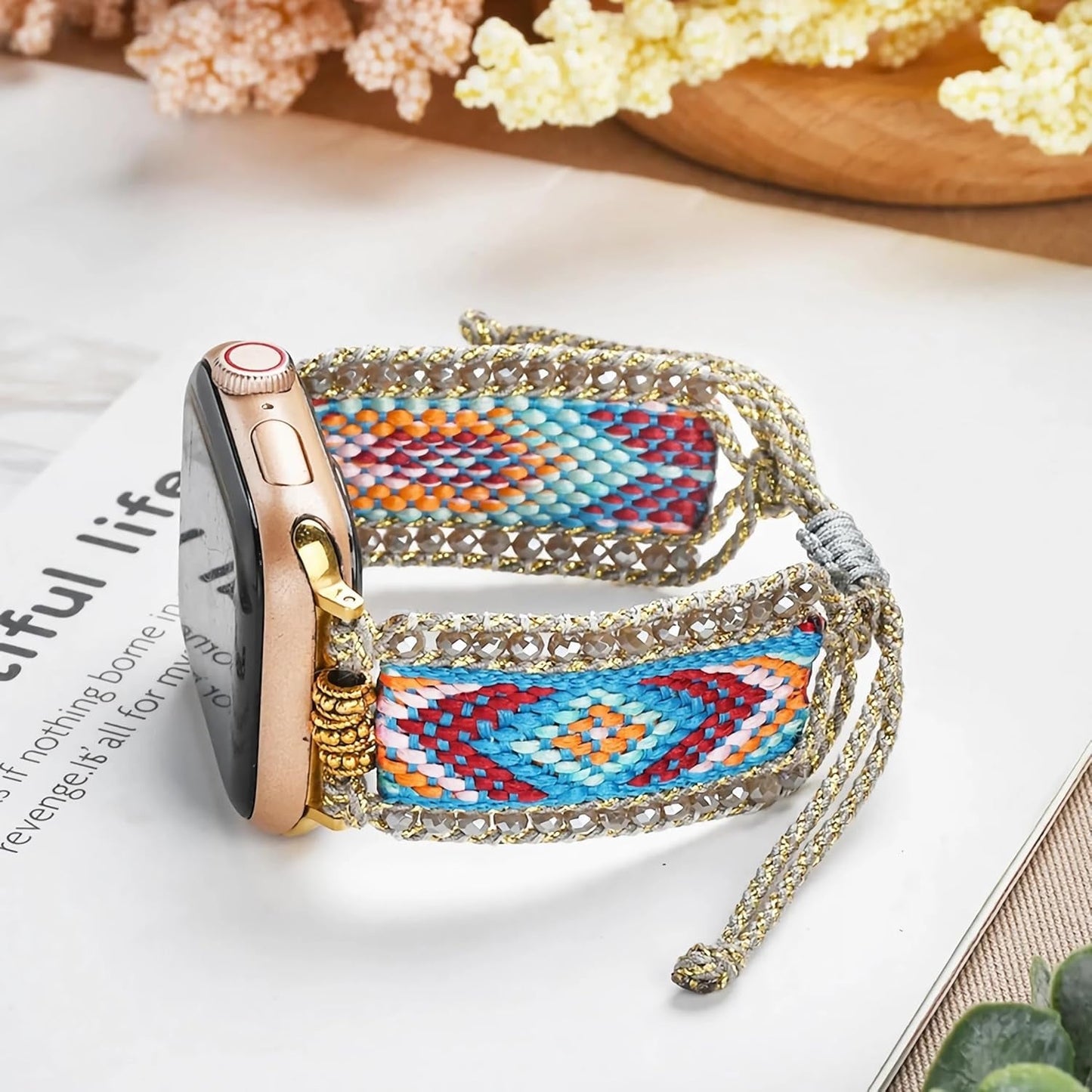 Fancy Woven Braided Nylon Band Compatible with Apple Watch Bands 40Mm 41Mm 38Mm, Retro Boho Friendship Bracelet Handmade Bohemian Beaded Adjustable Dressy Strap Wristbands for Iwatch Bands Series 9/8/7/6 5/4/3/2/SE