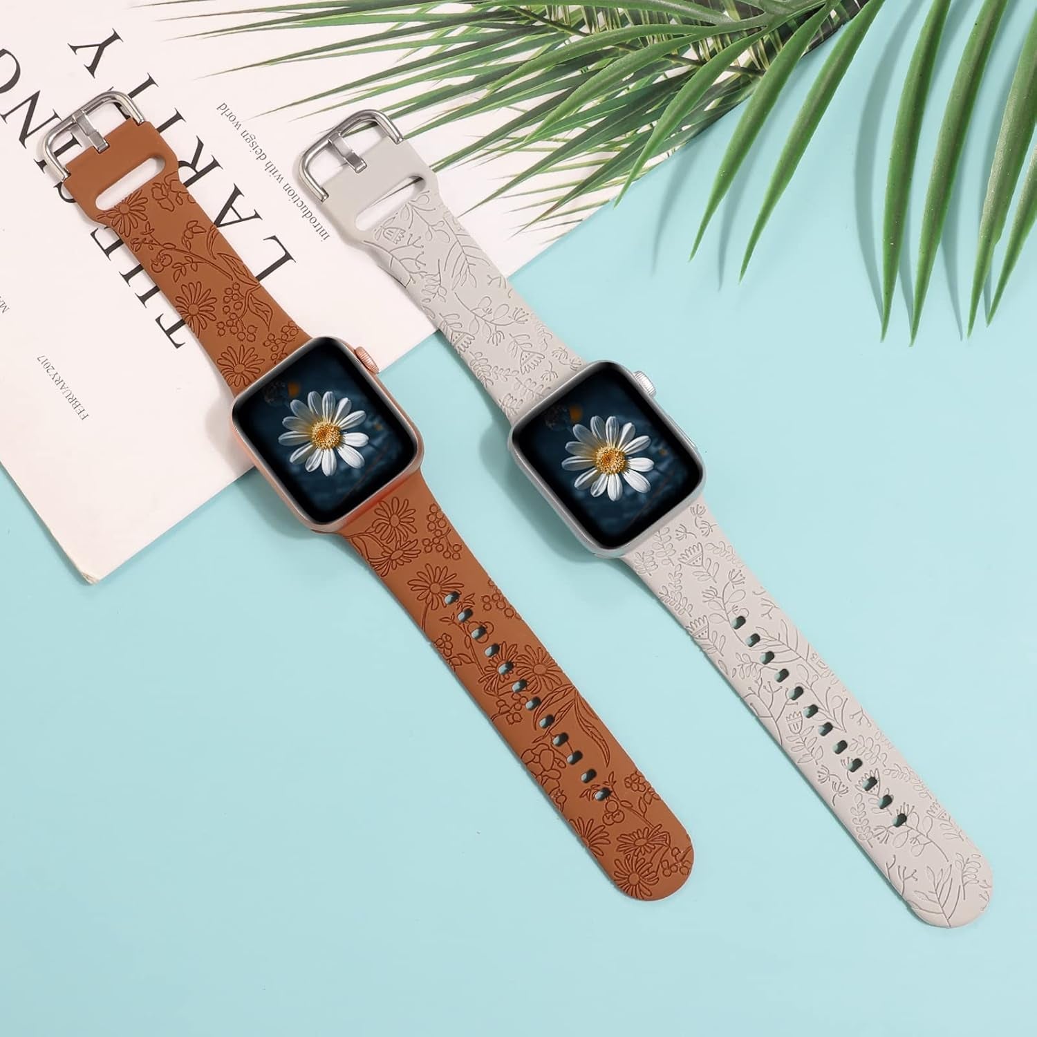 2 Pack Floral Engraved Band Compatible with Apple Watch Bands 38Mm 40Mm 41Mm for Women, Cute Wildflowers Design Soft Silicone Sport Strap Replacement Wristbands for Iwatch Series 9/8/7/SE/6/5/4/3/2/1