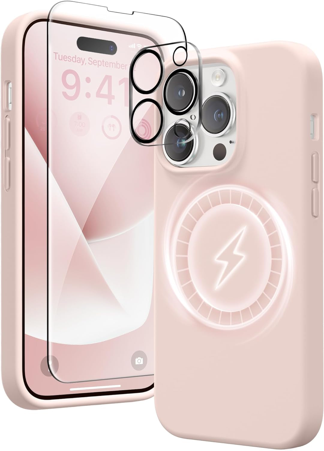 GONEZ for Iphone 14 Pro Max Case Silicone, Compatible with Magsafe, with 2X Screen Protector + 2X Camera Lens Protector, Liquid Silicone Shockproof Protective Iphone 14 Promax Case, Blue  GONEZ Pink  