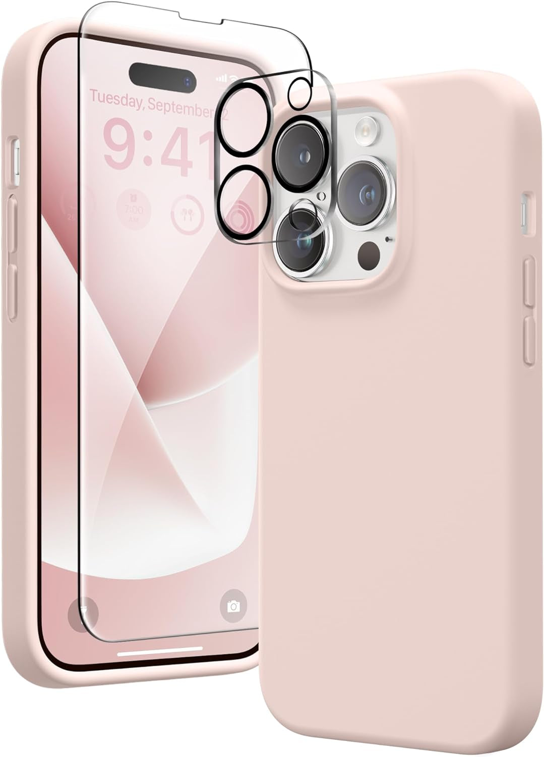 GONEZ for Iphone 14 Pro Case, with 2 Pack Screen Protector + 2 Pack Camera Lens Protector, Soft Anti-Scratch Microfiber Lining, Shockproof Protective Liquid Silicone Phone Cover 6.1'', Blue  GONEZ Pink Iphone 14 Pro 